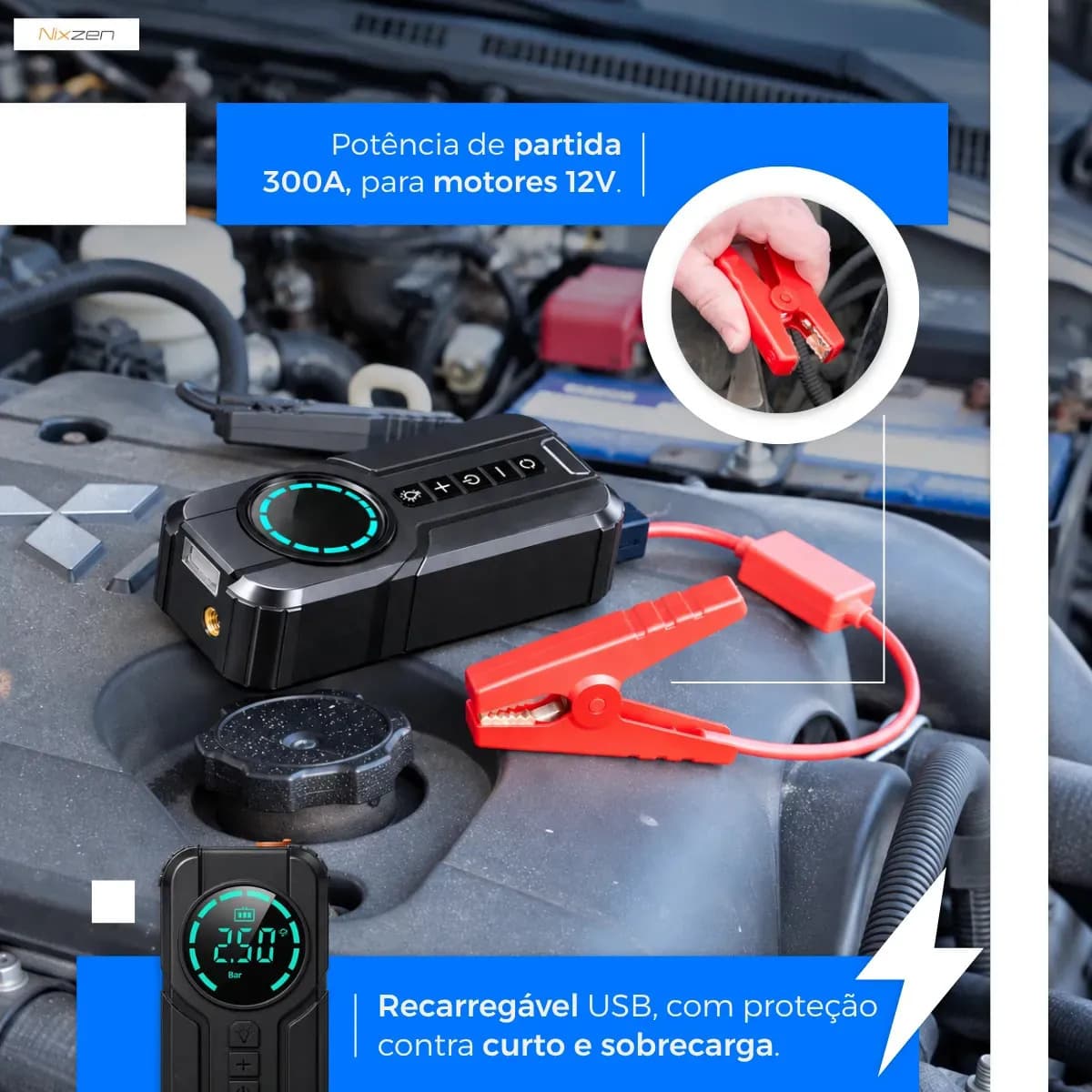 AuxiIiar de Partida Carregador Bateria Com Compressor De Ar Portátil VeicuIar Emergência 6 em 1 InteIigente Digital 12V CaIibrador Pneu Automotivo Lanterna LED  — imagem 5
