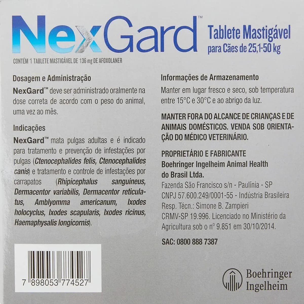 Comprimido NexGard Anti Pulgas e Carrapatos Cães 25,1-50kg 1 Tablete — imagem 3