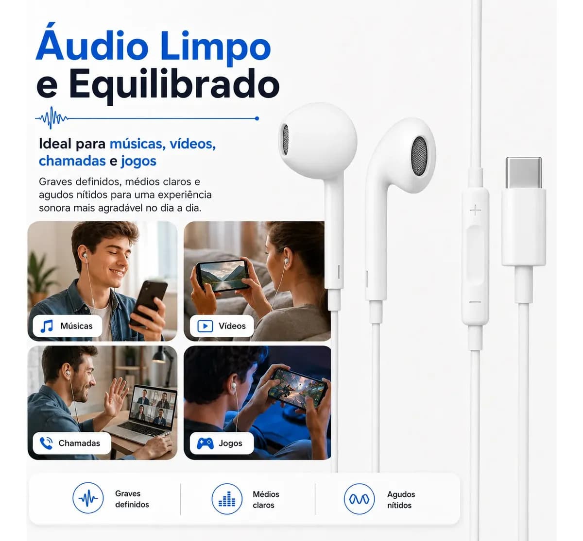 Fones De Ouvido Usb-c Tipo C Com Microfone Integrado Som Estéreo Alta Qualidade Controle De Chamadas Compatível Com iPhone 15 16 17 Android Samsung Xiaomi Motor — imagem 5