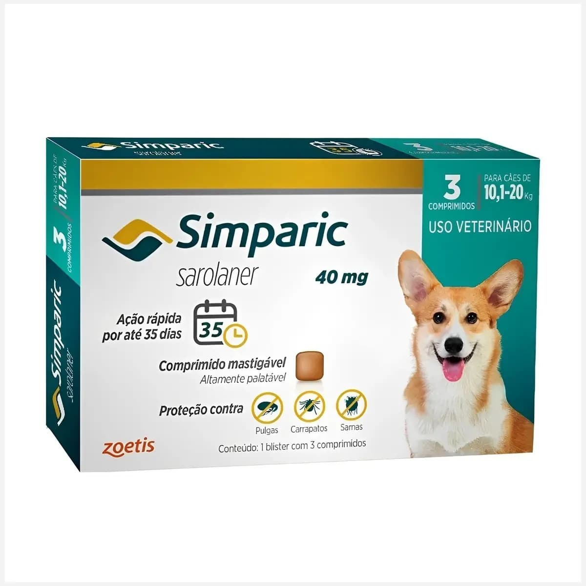 Simparic 40mg Cães 10,1-20kg Pulgas Carrapatos 3 Comprimidos Zoetis — imagem 2