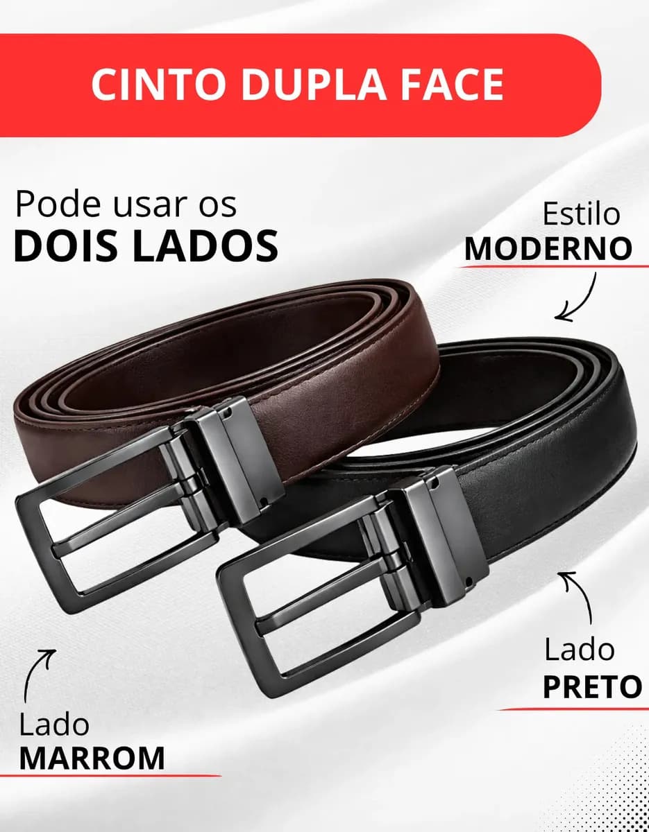 Cinto Duplo Masculino Couro Dupla Face 2 Em 1 Preto Marrom Social 120CM — imagem 2