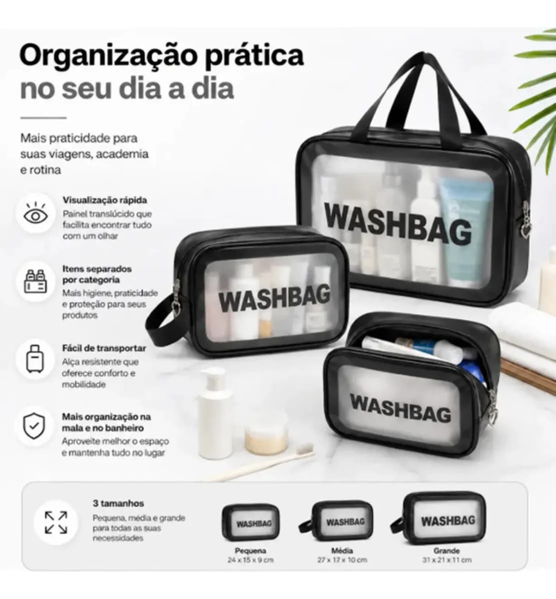 Kit Necessáires Feminina Maquiagem Cosméticos Viagem Praia Camping Cor Preto Desenho Do Tecido Lisa Liso — imagem 3