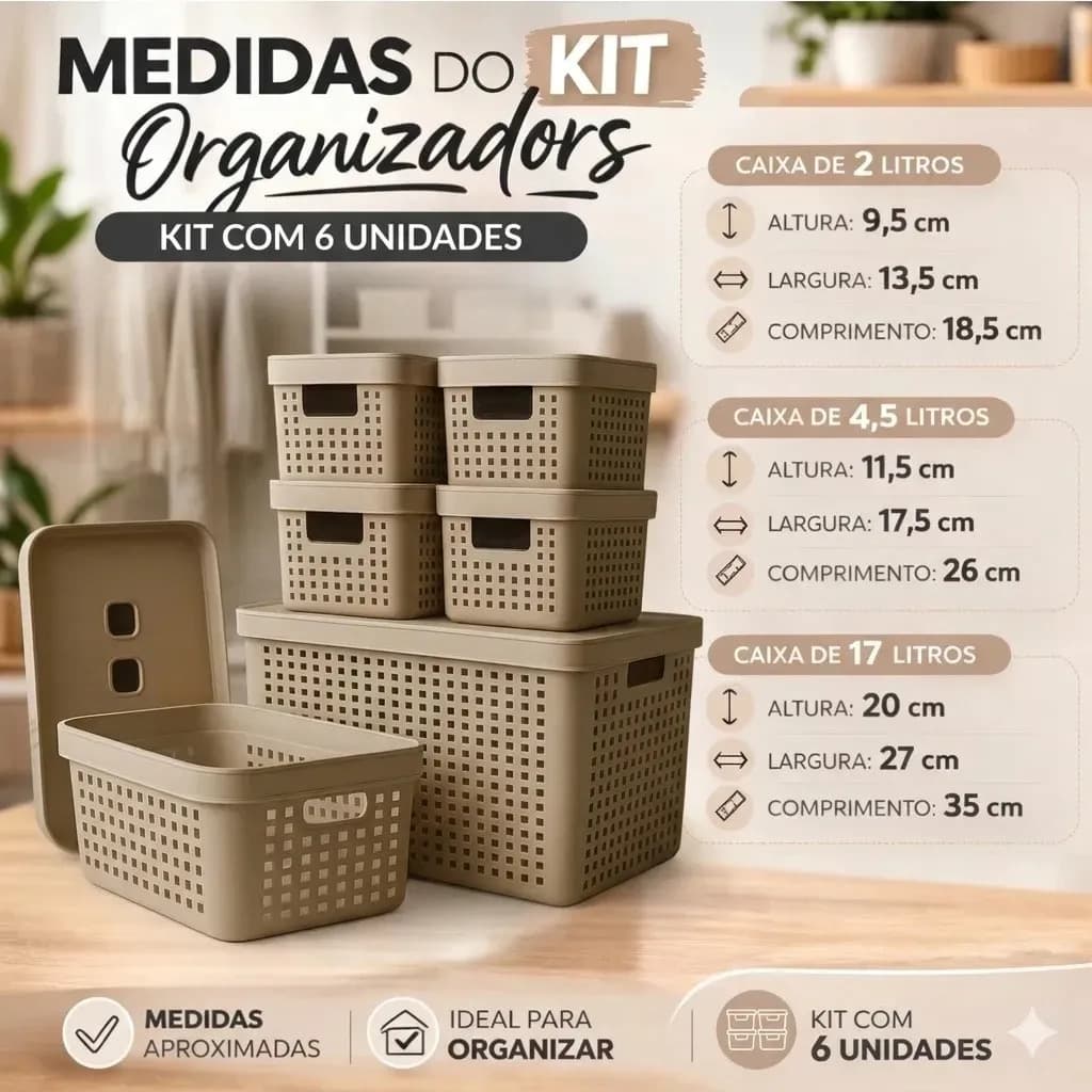 Kit 6 Caixas Organizadoras Com Tampa Invisivel 2l 4,5l 17l Cor Branco — imagem 5