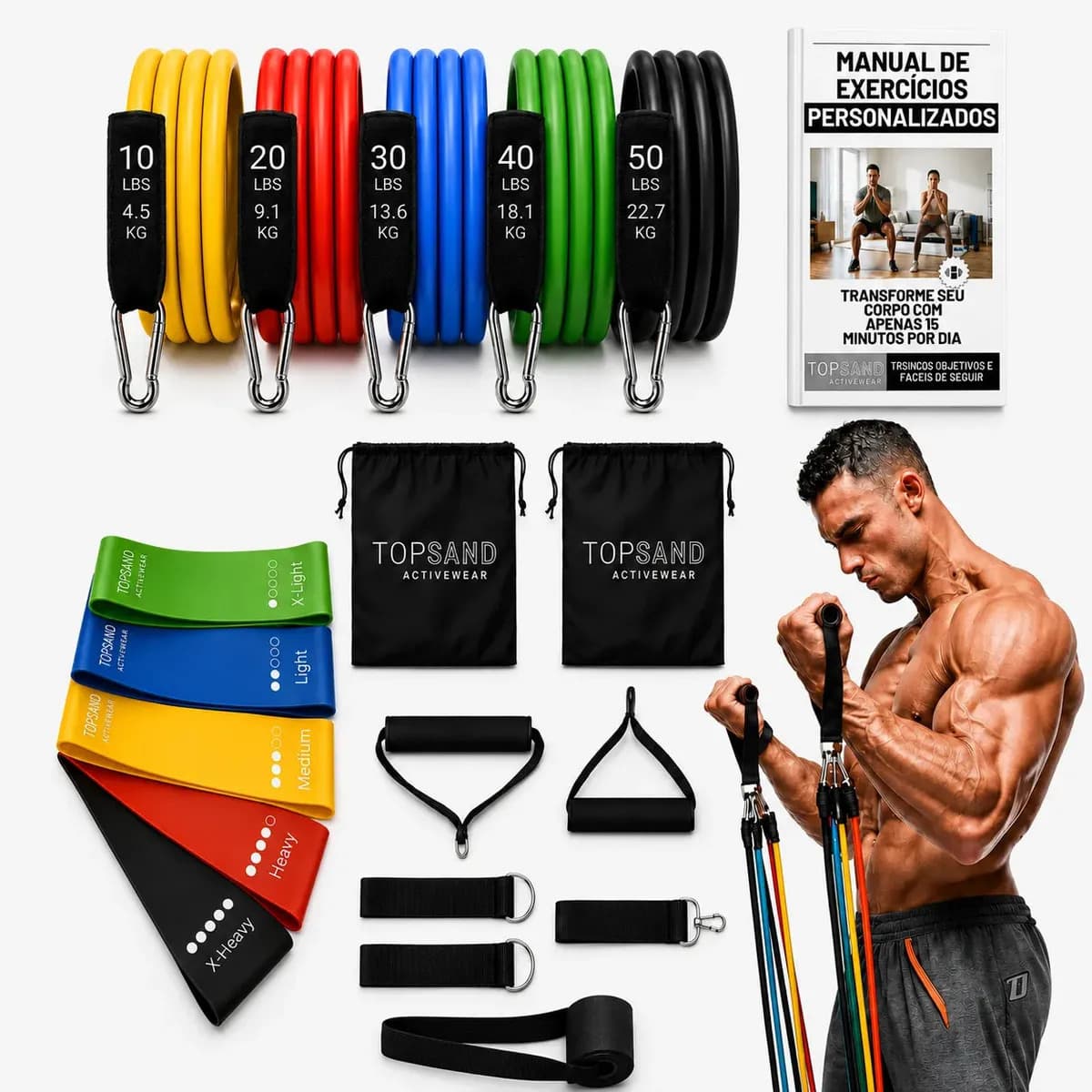 Kit 18 Itens Esportivos Para Treino Em Casa Academia Fitness Funcional Com Elásticos Extensor Puxadores Faixas Elásticas Mini Band P/ Exercícios Ginástica Fisio