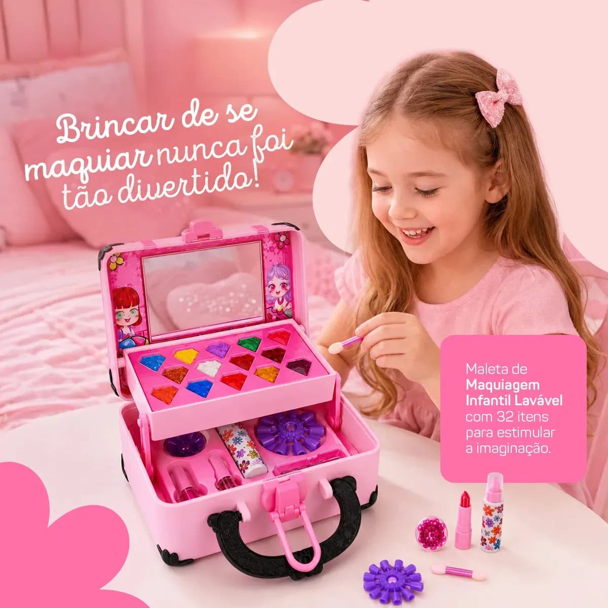 Kit Maquiagem Infantil Meninas Brinquedo Boneca Criança Maleta Antialergica Lavavel Mochila Espelho Rosa Hipoalergenica Presente Seguro Estojo Salao De Beleza T — imagem 2