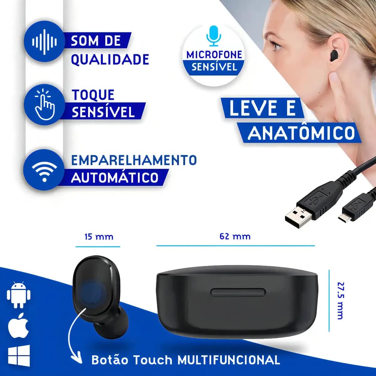 Hivi Fone De Ouvido Bluetooth 5.0 Par Sem Fio Duplo Cor Preto — imagem 3
