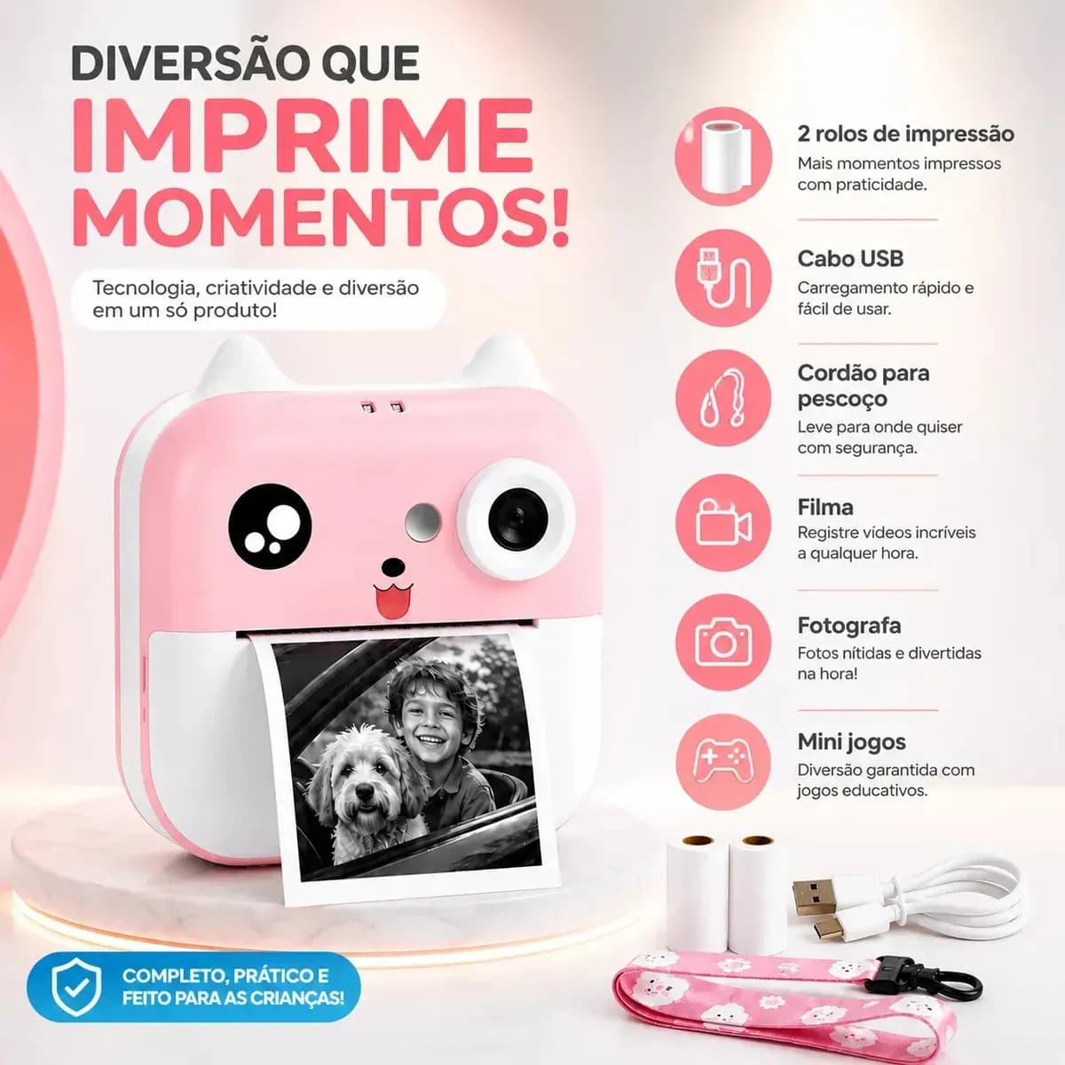 Câmera Digital Infantil Impressão Instantânea Dorama Foto Polaroid Grava vídeos Jogos interativos Azul Remx Shop — imagem 4