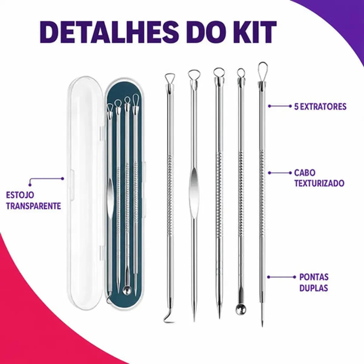 Cureta de Metal BMED para Acne Aço Inoxidável Kit 4 Extrator Espinha Cravos — imagem 6