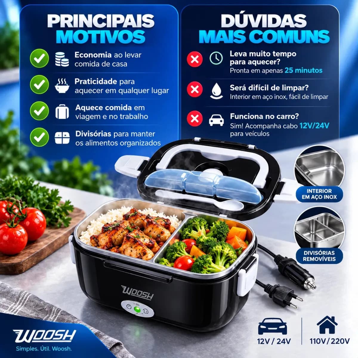 Marmita Elétrica Preta Bivolt Portátil Doméstica 110/220v Veicular 12/24v Lancheira 1.5l Com Divisórias Esquenta Rápido Refeições Práticas Trabalho Casa Carro C — imagem 6