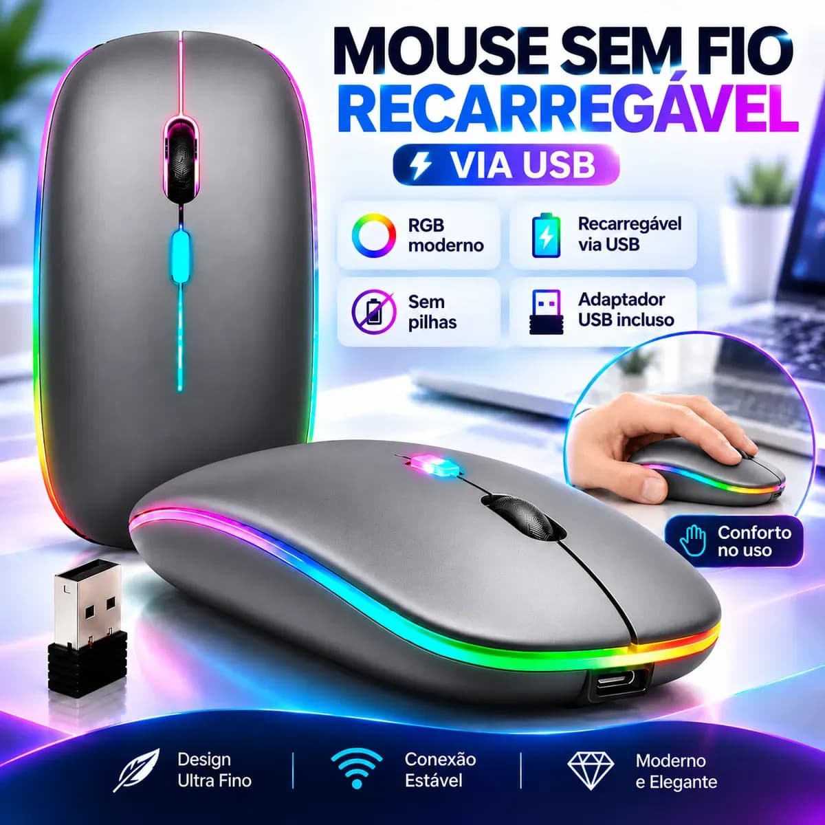 Mouse Sem Fio Recarregável Wireless Optico Led Rgb Ergonômico Sem Fio Para Pc Desktop Notebook Tablet Smartphone Cinza — imagem 2