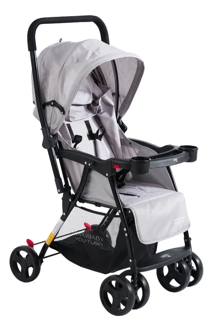Carrinho de Bebê Maxi Baby Youturn Cinza Alça Reversível Dobrável Compacto até 15kg Recém-Nascido a 3 Anos Cinto 5 Pontos Capota Retrátil Bandeja Removível 4 Ro