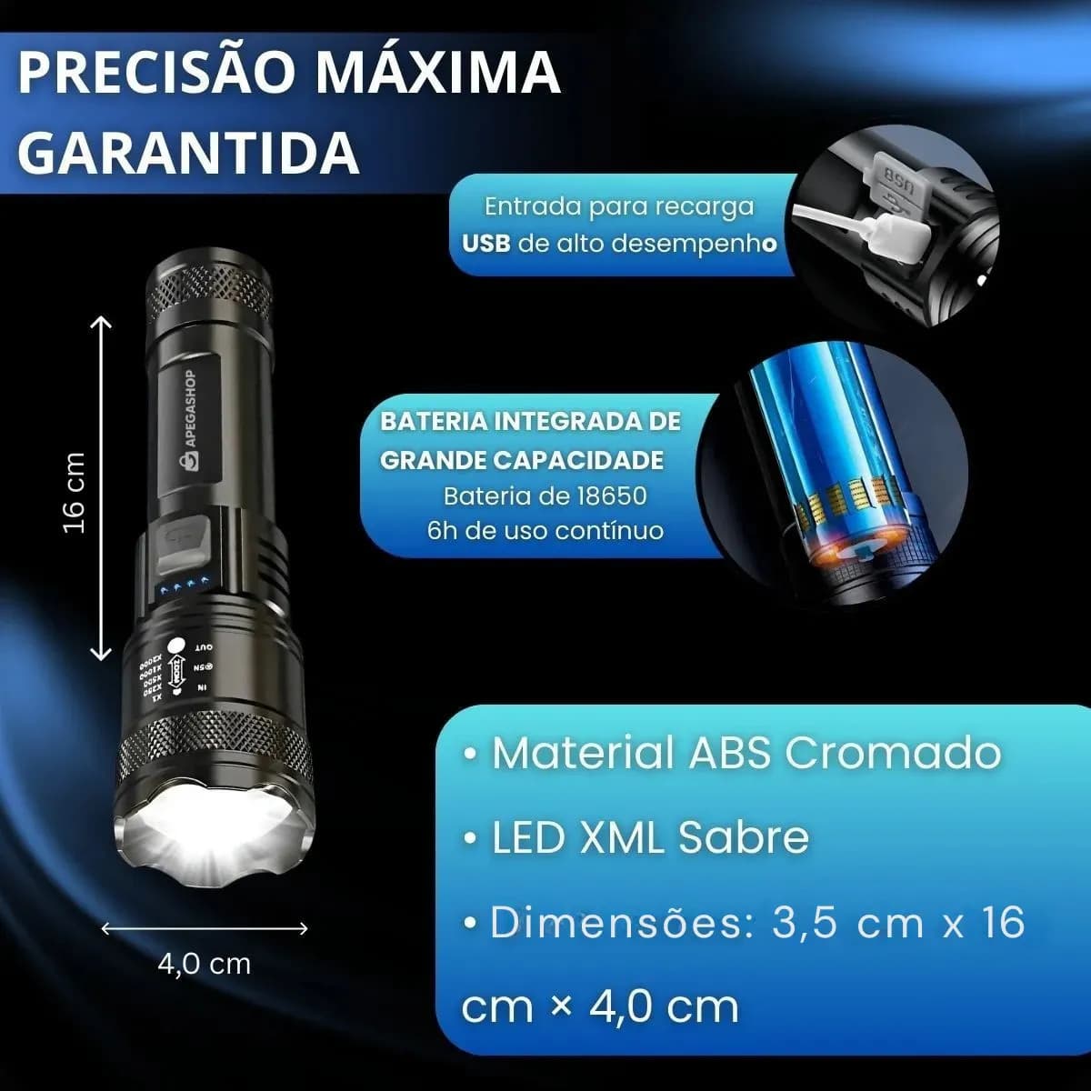 Lanterna Militar Tática Led Cree Recarregável Mais Forte Do Mundo Ultra Potente 1000m Zoom Alto Brilho Resistente Agua Sitio Fazenda — imagem 4