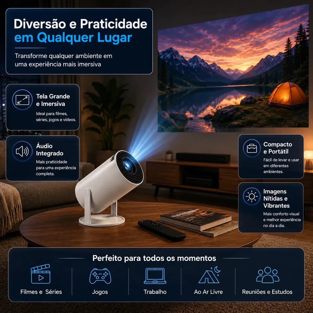 Projetor Portátil HY300 Mini 4K Compatível Android 11 Wi-Fi 5G Bluetooth Smart Portátil Rotação 180° Tela Grande para Filmes Séries Jogos Aulas e Apresentações  — imagem 2