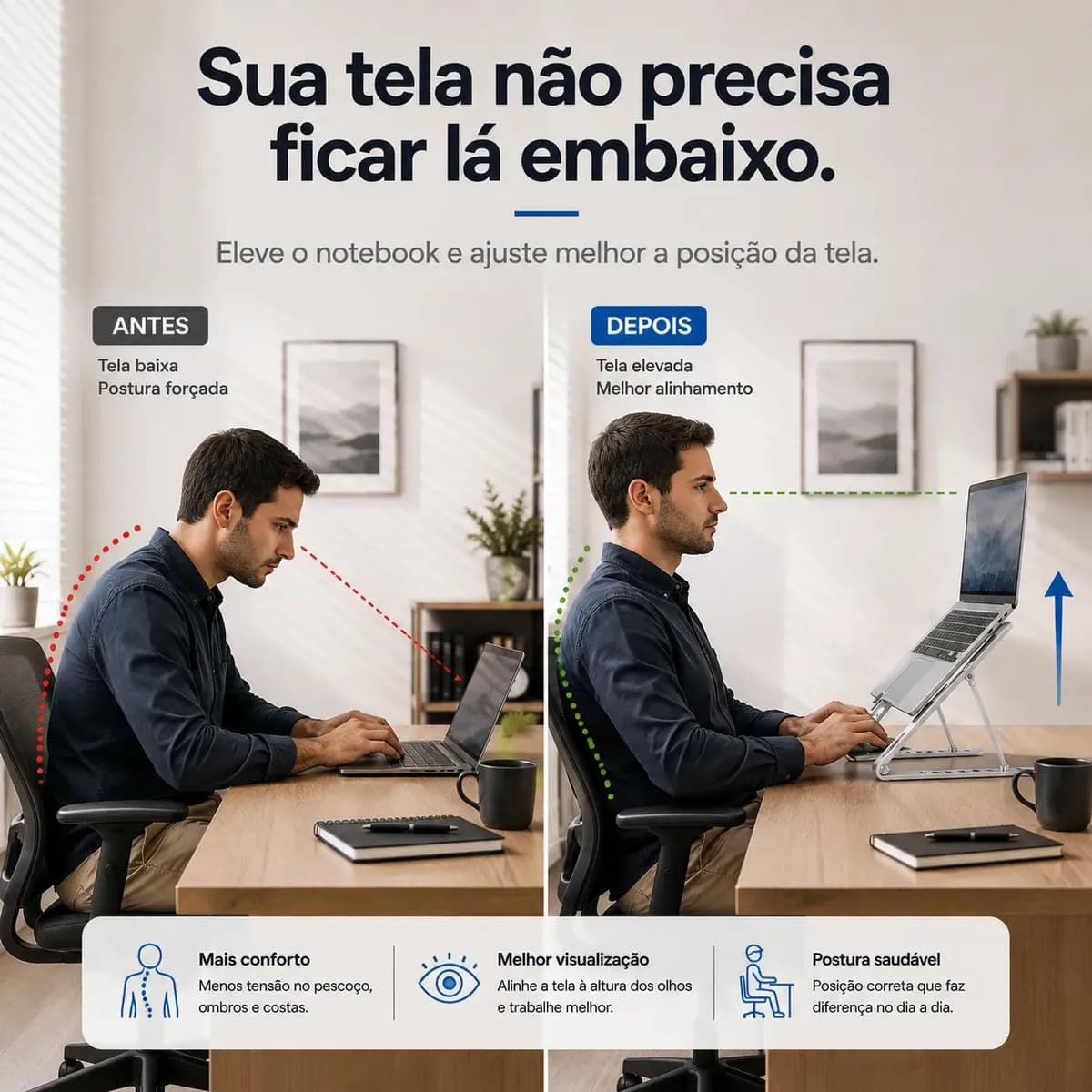 Suporte Para Notebook e Macbook de Alumínio Dobrável Prateado Ajuste de Altura e Inclinação Confortáve Base Antiderrapante Portátil Articulado Reforçado Ergonom — imagem 6
