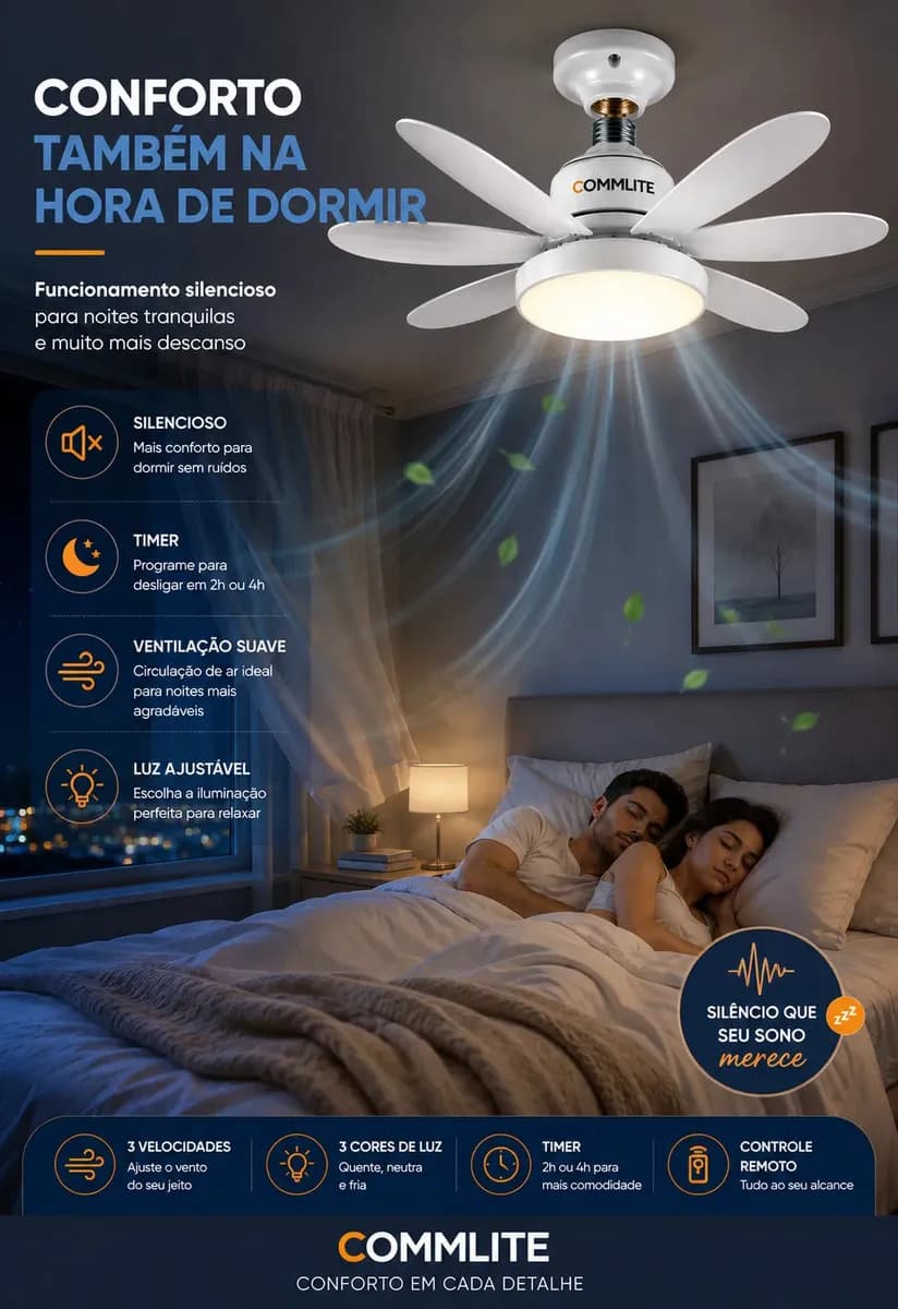 Ventilador de Teto 60W Silencioso Lâmpada Forte com LED, Controle e 6 Pás Soquete E27 Para Residencial Comercial Interno Externo Quarto Sala Cozinha Escritório  — imagem 6
