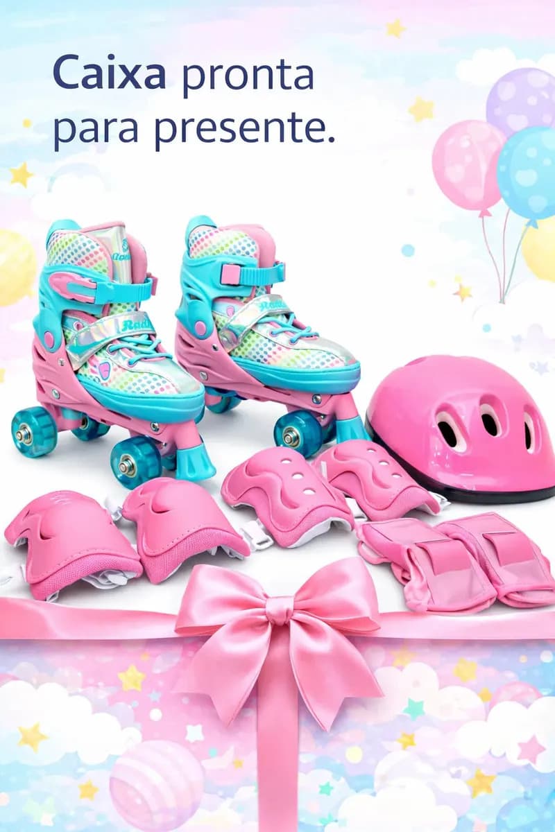 Roller Patins Infantil Rosa 4 Rodas + Kit Proteção Adulto 28-31 Ajustável Rosa/azul Celeste — imagem 4