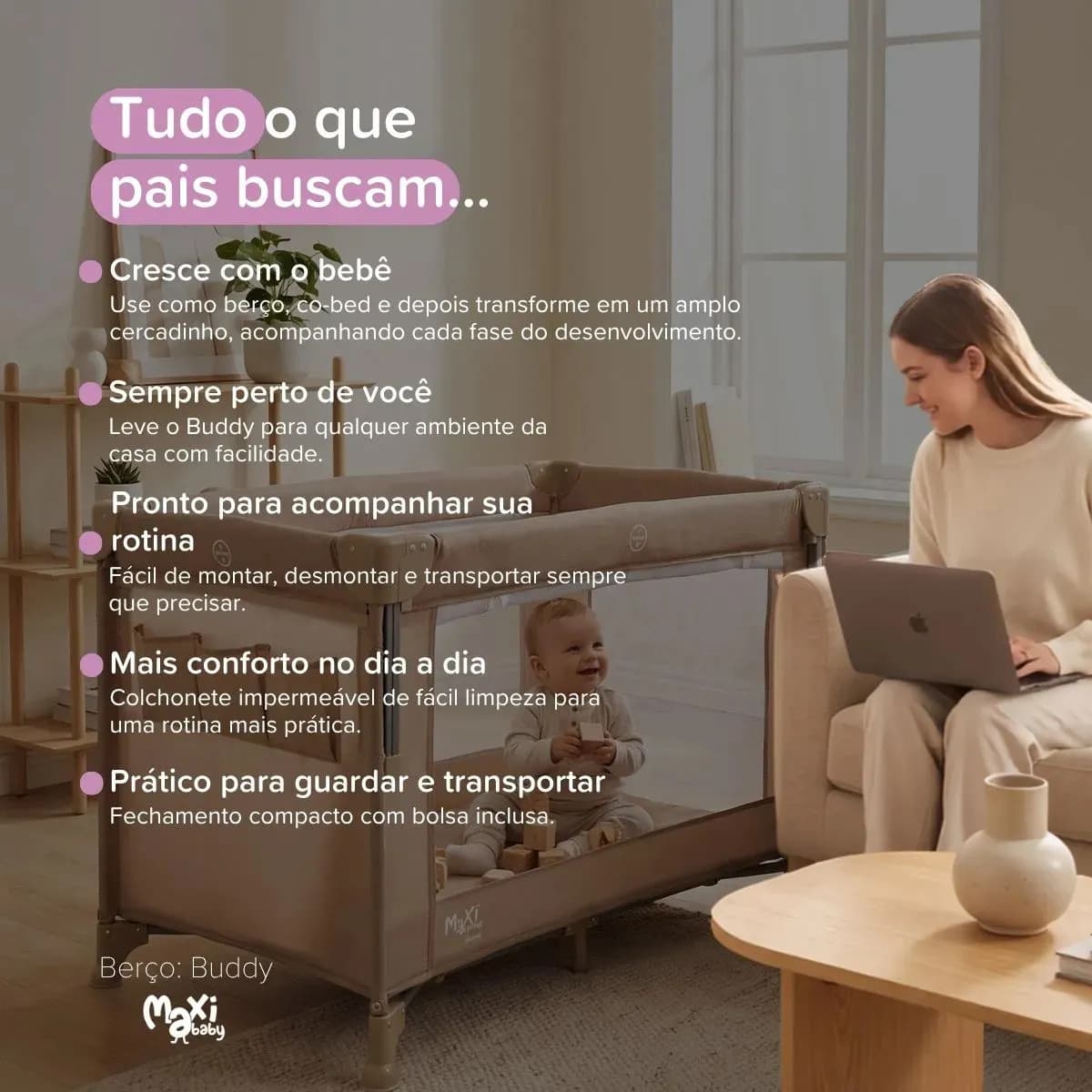 Berço Cercado Portátil Bebê Co-bed Acoplado Desmontável 2 Alturas Buddy Maxi Baby - Bege — imagem 6