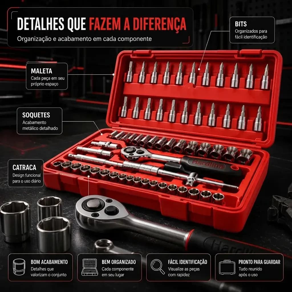 Kit Ferramentas 46 Peças Com Soquetes e Chaves Para Carro e Casa Hardline Vermelho — imagem 4