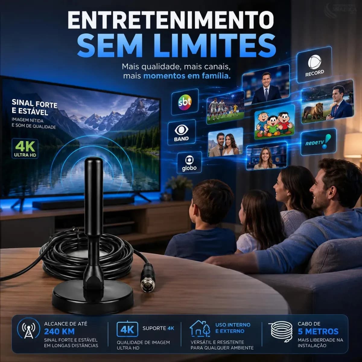 Antena Digital Interna Externa HDTV UHF Com Cabo Longo De 5 Metros Até 240km Com Base Magnetica Distancia Brazuca Cell — imagem 5
