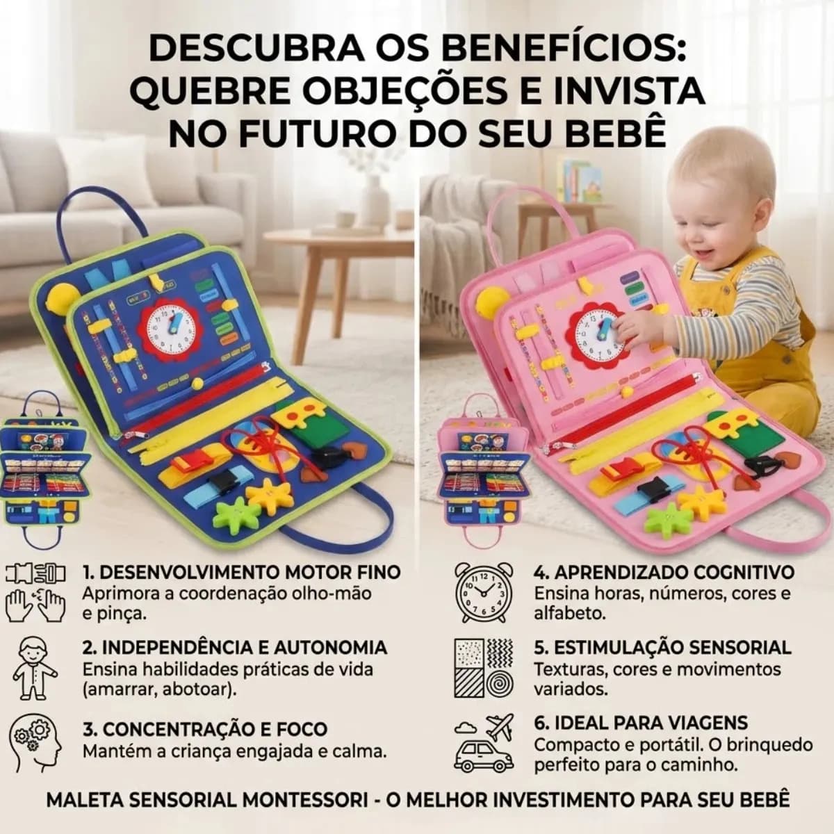Maleta Educativa Montessori Sensorial Menino Menina Infantil Brinquedo Educativo Atividade Sensorial Cor Rosa Inpari Imports — imagem 2