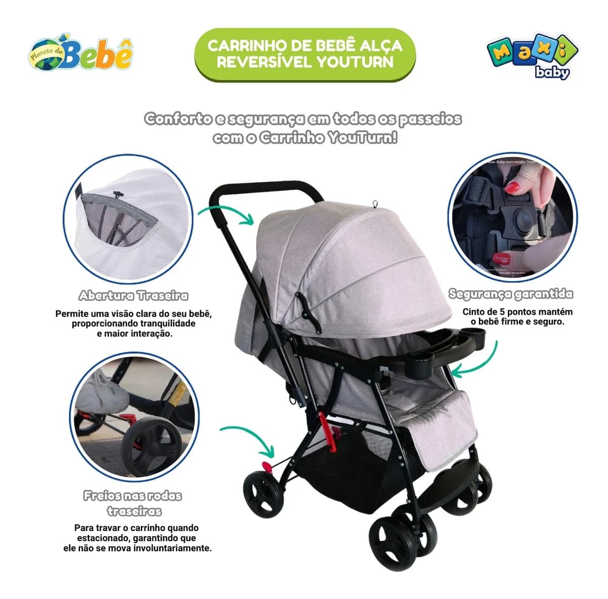 Carrinho de Bebê Maxi Baby Youturn Cinza Alça Reversível Dobrável Compacto até 15kg Recém-Nascido a 3 Anos Cinto 5 Pontos Capota Retrátil Bandeja Removível 4 Ro — imagem 4