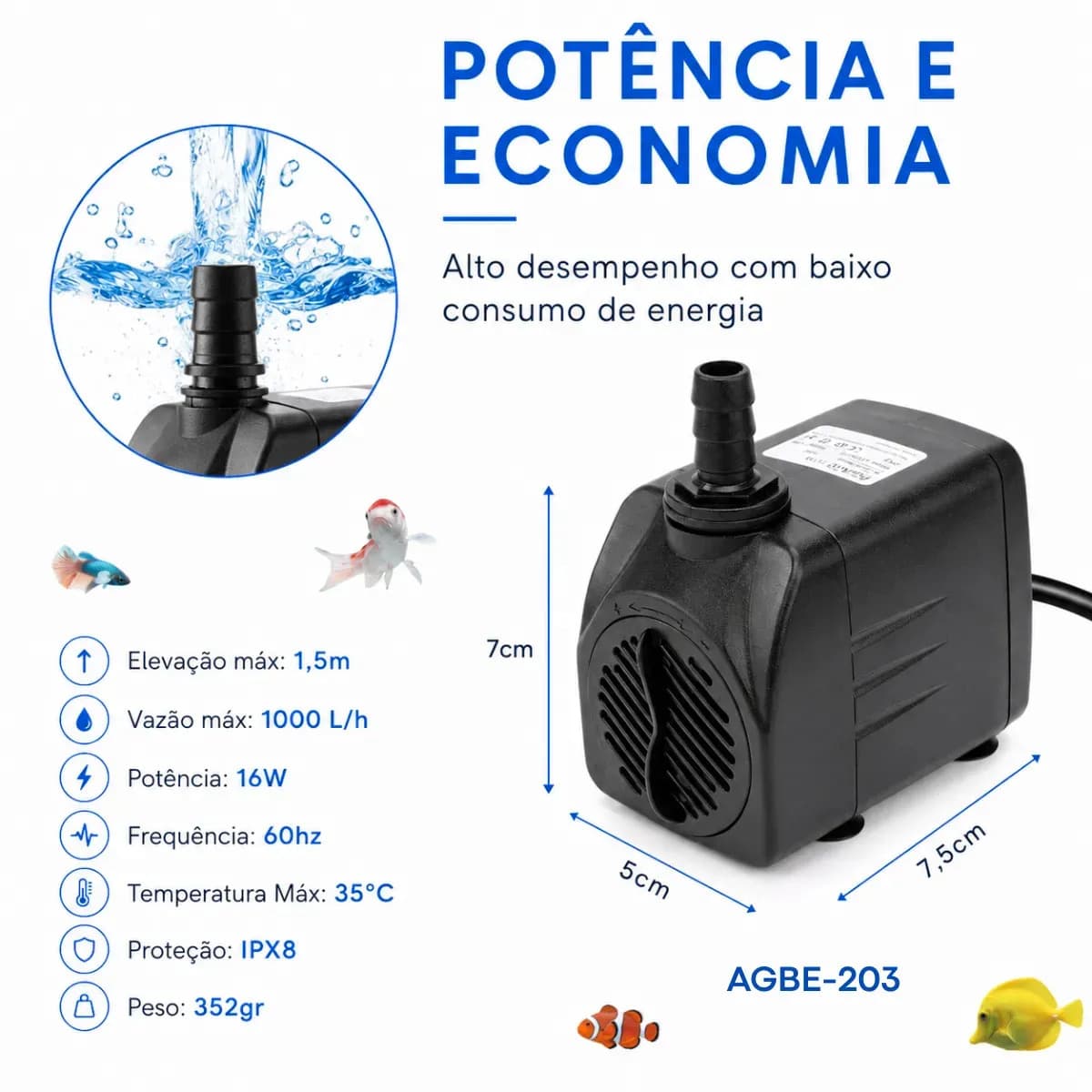 Bomba Submersa 1000 L/h Para Aquário Peixes Lagos Fontes Cascatas Chafariz Hidroponia Sump Elevação 1,5m Coluna D'água Bombinha De Água Silenciosa Climatizador  — imagem 4