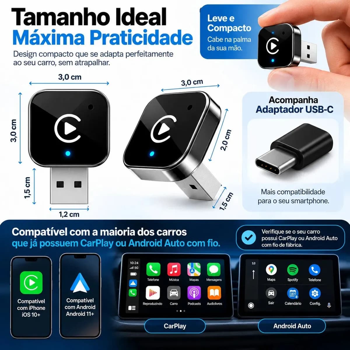 Adaptador CarPlay Sem Fio Android Auto 2 Em 1 USB Wireless Car Play Automático Liggi — imagem 5