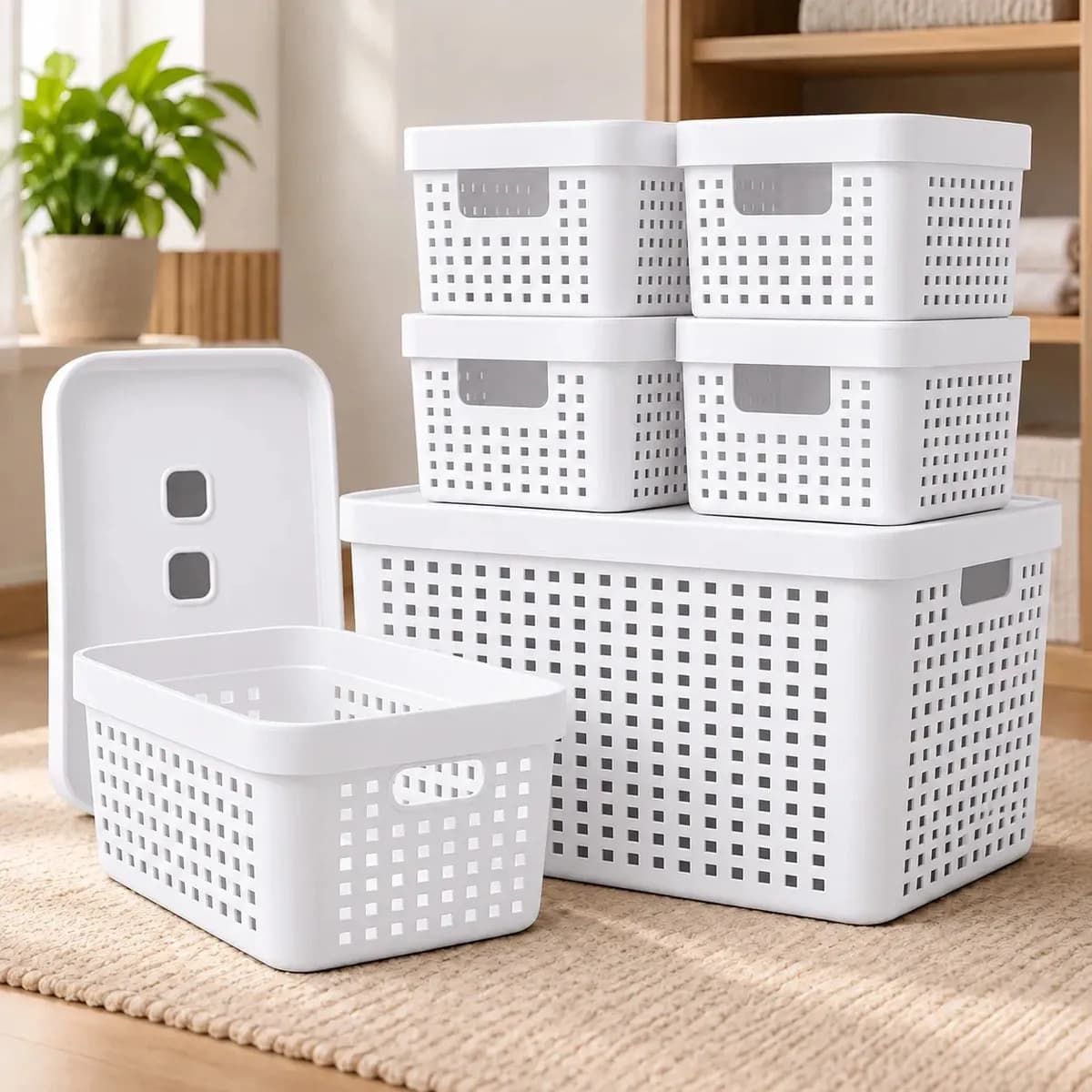 Kit 6 Caixas Organizadoras Com Tampa Invisivel 2l 4,5l 17l Cor Branco