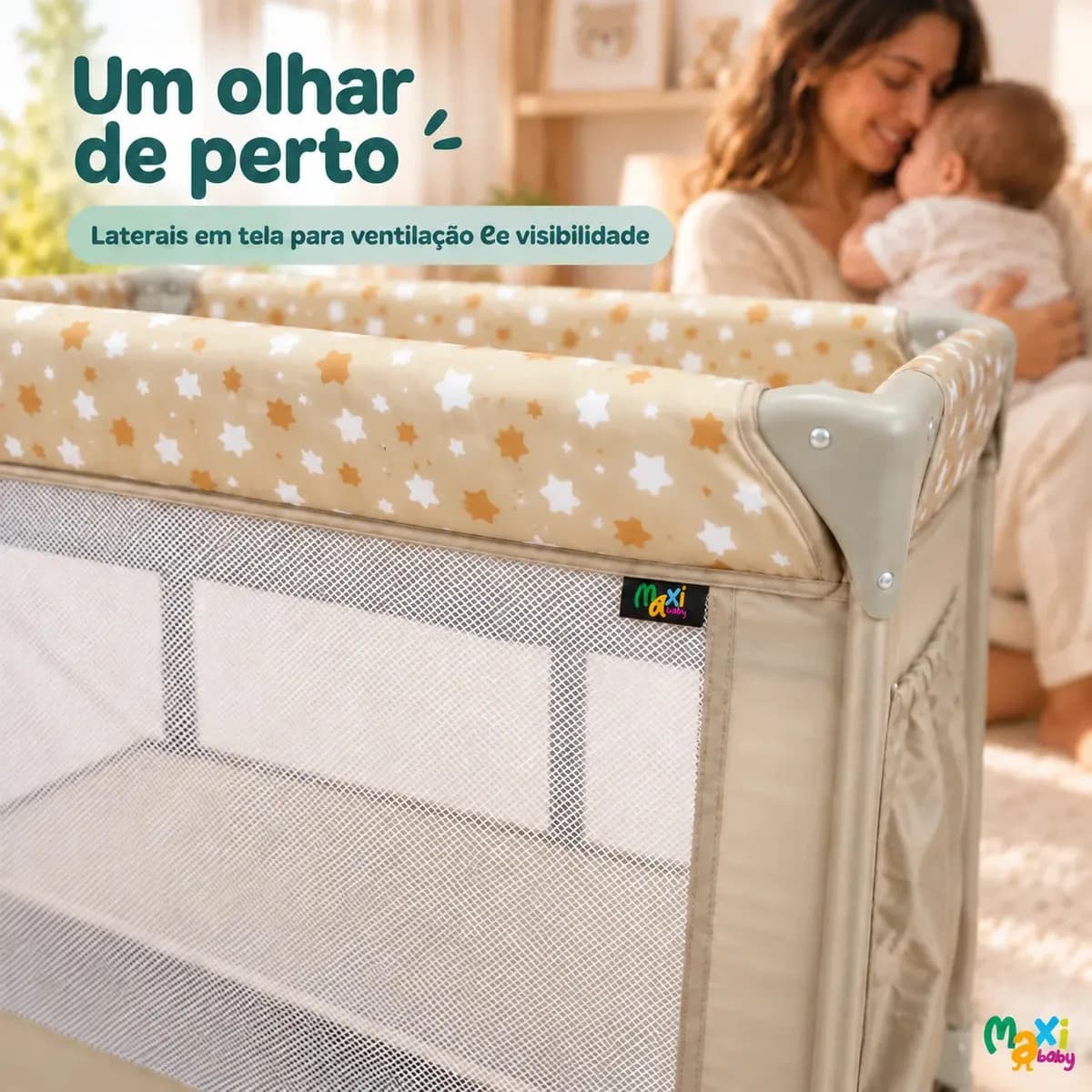 Berço Portátil Infantil Cercado Desmontável Lune Maxi Baby - BEGE — imagem 5