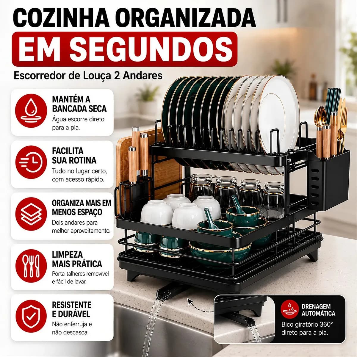 Escorredor De Louça Inoxidável 2 Andares Drenagem Automática Bandeja Grande 360o Organizador Pia Com Porta Talheres Tigelas Pratos — imagem 2