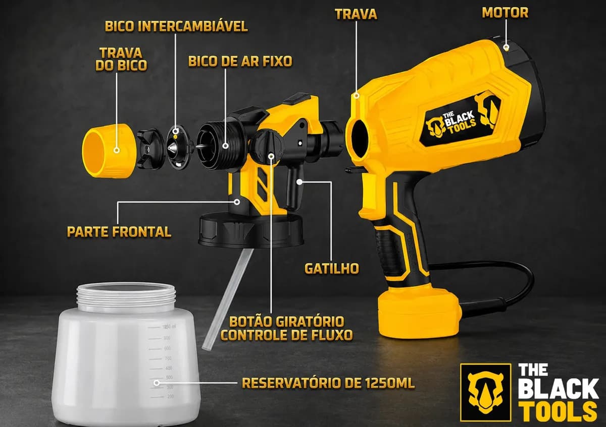 Pistola De Pintura E Pulverizadora Elétrica Portátil Hvlp 1.250l C/5 Bicos E Acessórios 600w Tpp150 The Black Tools — imagem 4