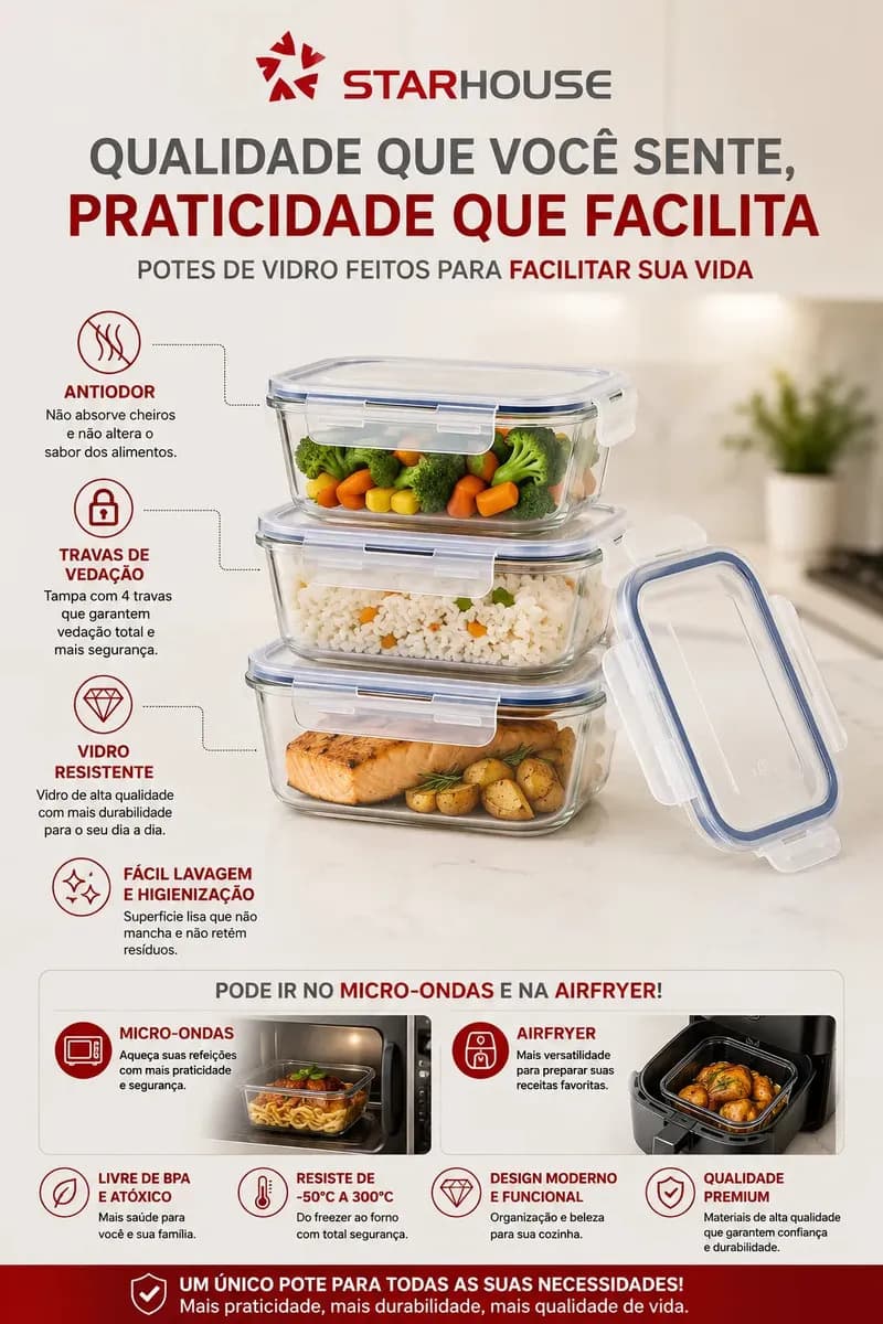 Kit 10 Potes Herméticos Vidro 640ml Starhouse Marmita Forno Micro-ondas Airfryer com 4 travas de super vedação — imagem 6