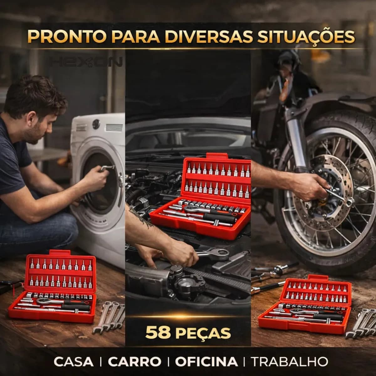 Kit Jogo De Ferramentas 58 Peças Completo Profissional Soquete 46 Peças + Chave Combinada 12 Peças Conserto Carro Moto Casa Oficina Kit Soquetes Com Catraca 46  — imagem 6
