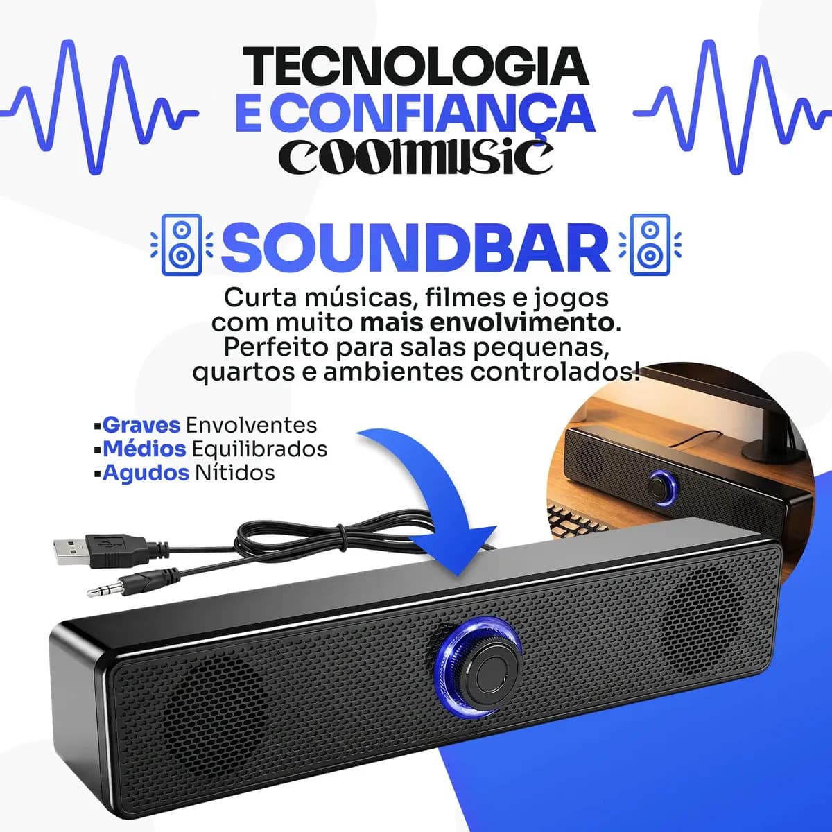 Caixa De Som Gamer Soundbar Para Computador Pc Notebook TV Amplificador Alto Falante Usb Led RGB Cor Preto — imagem 2