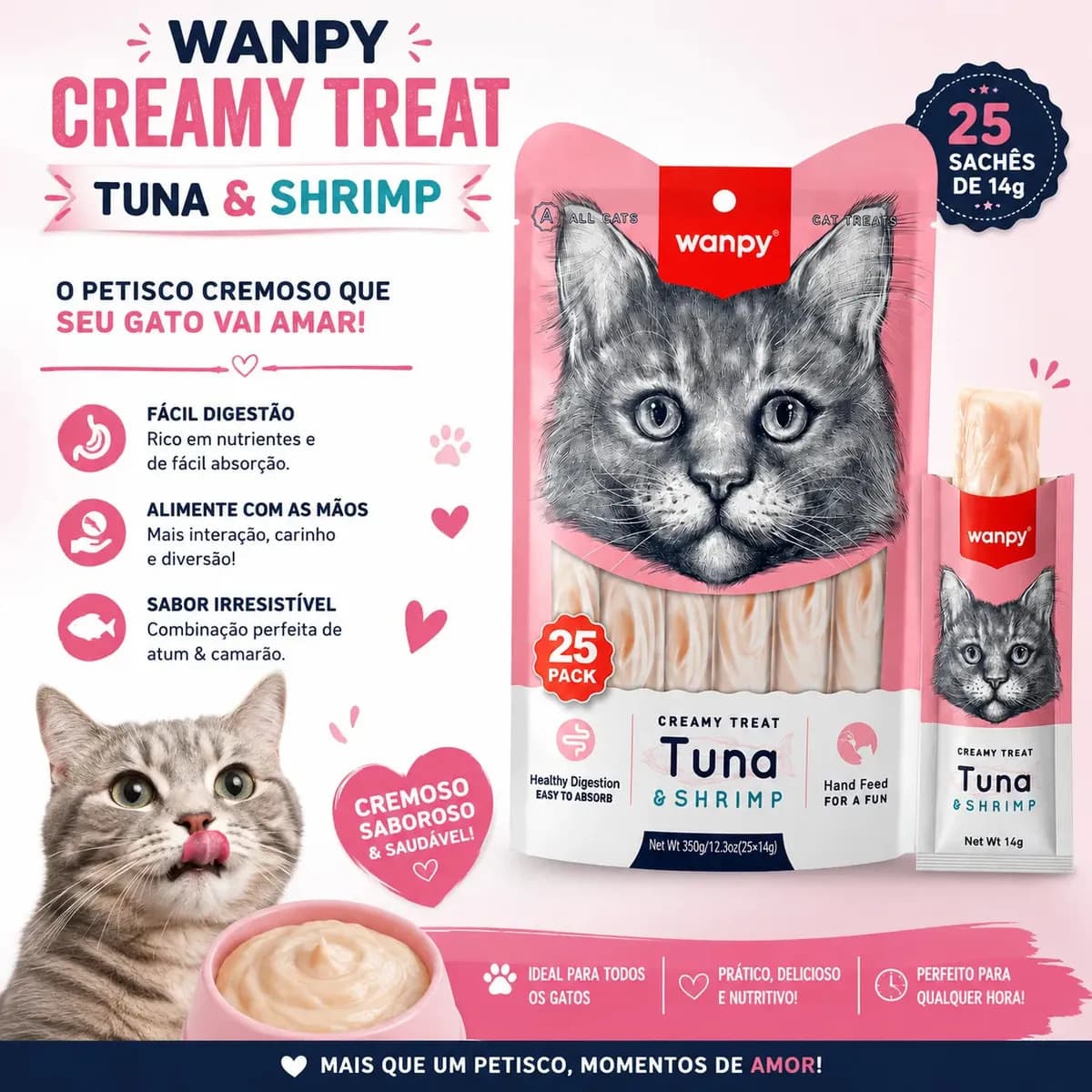 Petisco Gato Wanpy Creamy Atum Camarão 350g 25 Und 14g Cada — imagem 6