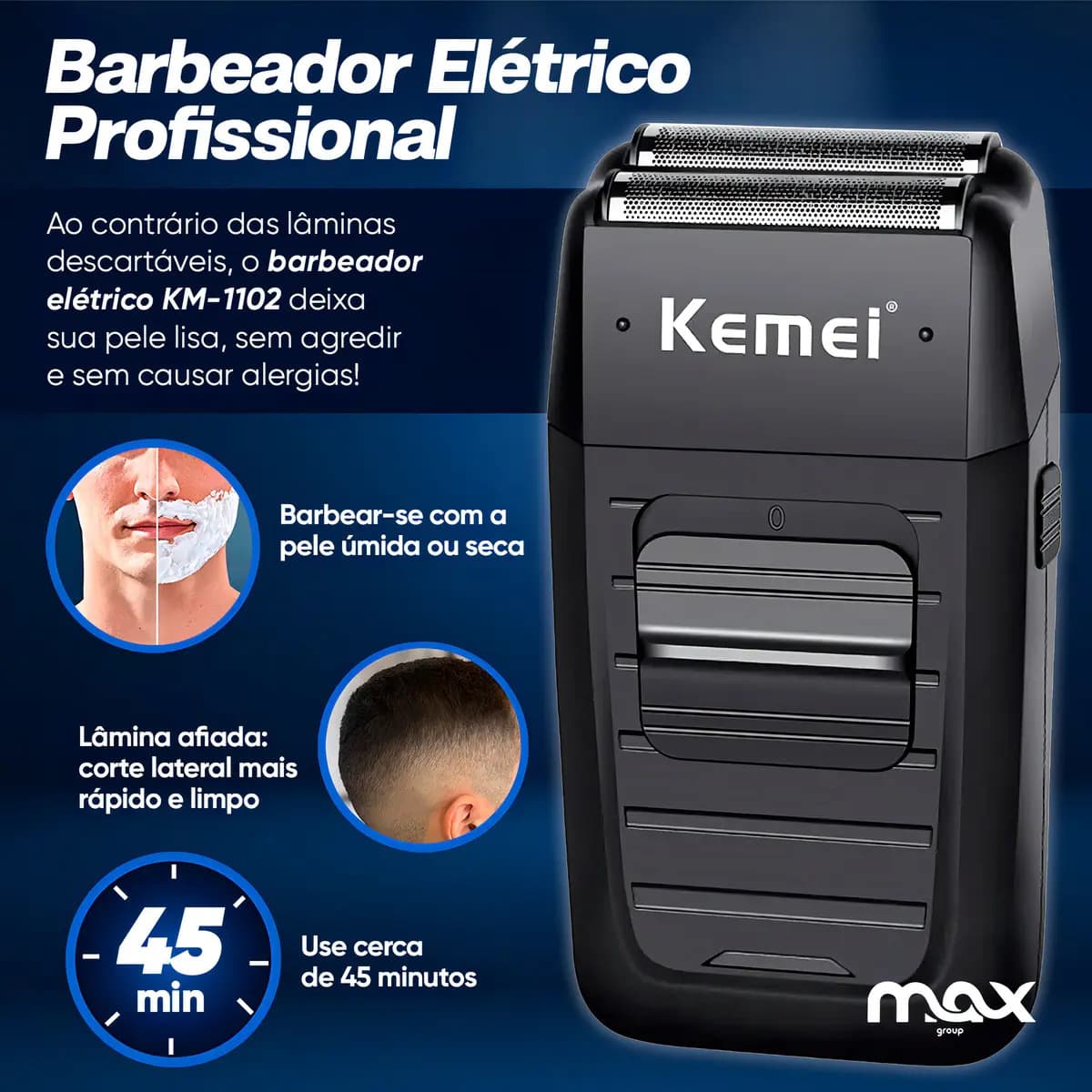 Barbeador Kemei Km-1102 Preto Máquina de Barbear Aço Inoxidável USB — imagem 2