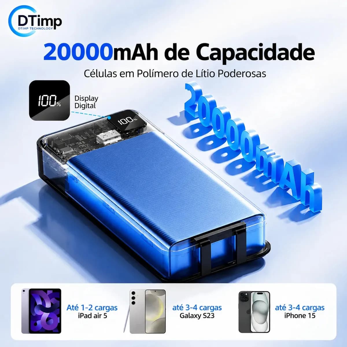 Carregador Portátil Power Bank Turbo 20000mah 22.5w universal para iphone samsung motorola xiaomi Com Display Digital DTimp — imagem 5