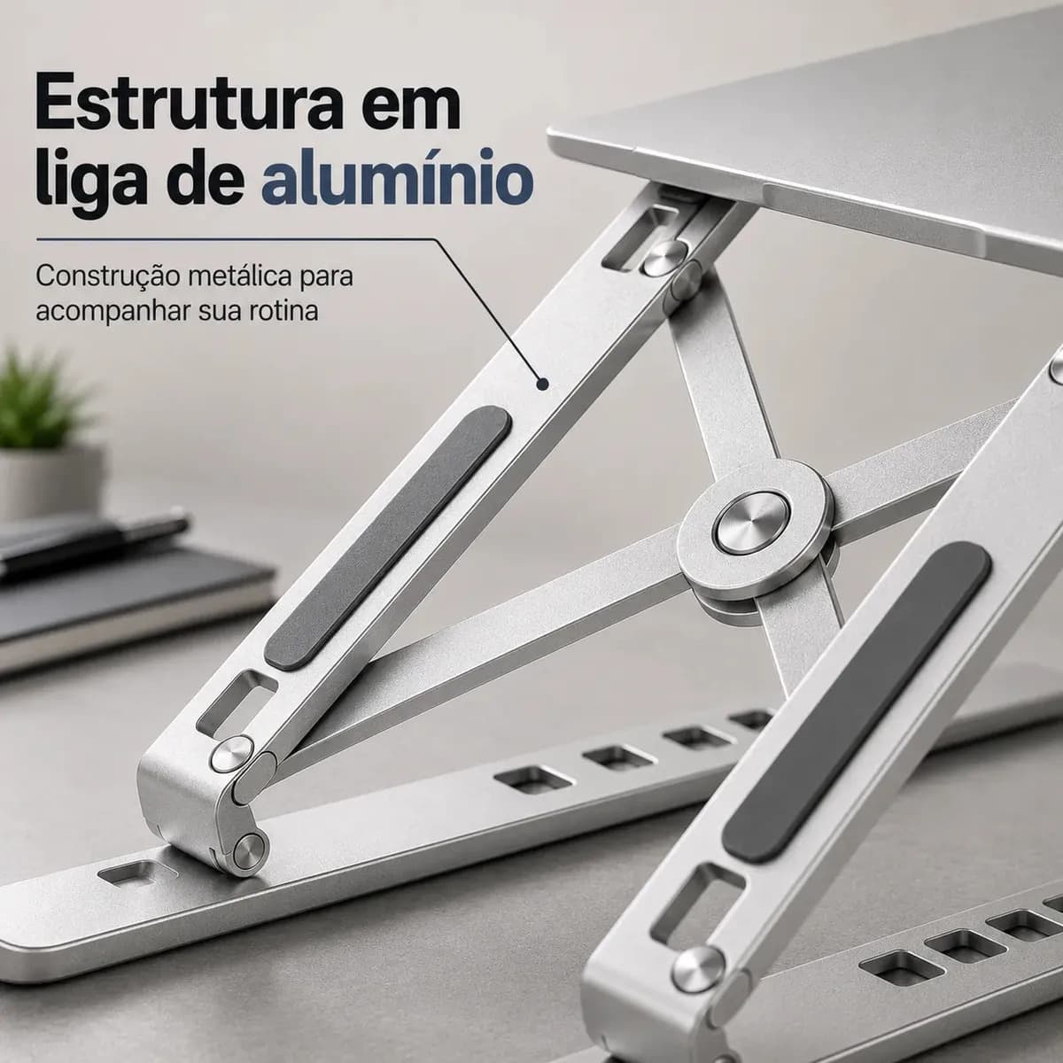 Suporte Para Notebook e Macbook de Alumínio Dobrável Prateado Ajuste de Altura e Inclinação Confortáve Base Antiderrapante Portátil Articulado Reforçado Ergonom — imagem 3