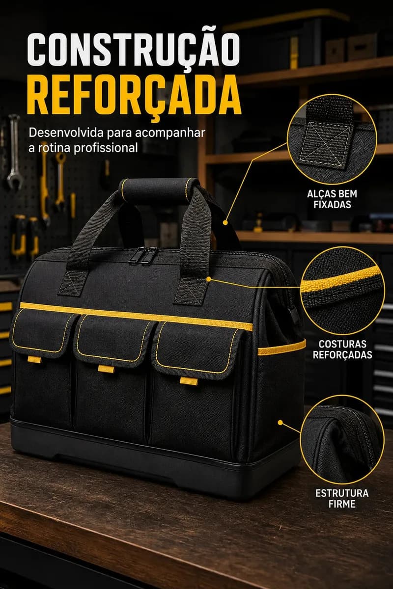 Bolsa Maleta de Ferramentas 14 Pol Grande e Reforçada 16 Bolsos, 8 Internos e 8 Externos, Base Rígida e Alça Removível para Eletricista e Profissionais Preto e  — imagem 4