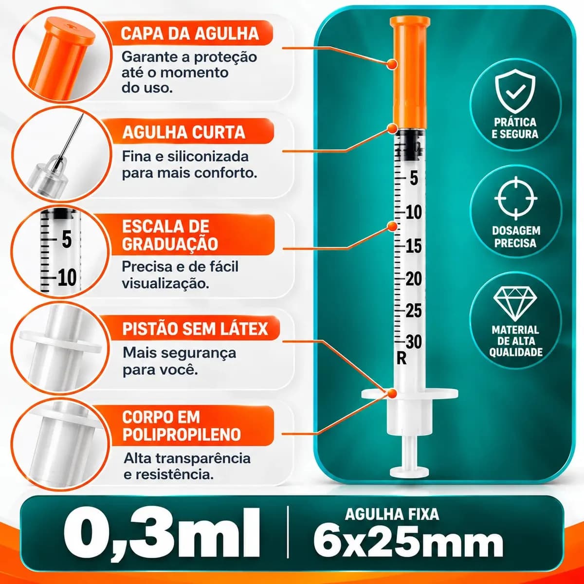 Seringa Insulina 30ui Agulha 6mmx25mm Fixa 0,3ml 20 Unidades 0.3 Ml — imagem 3