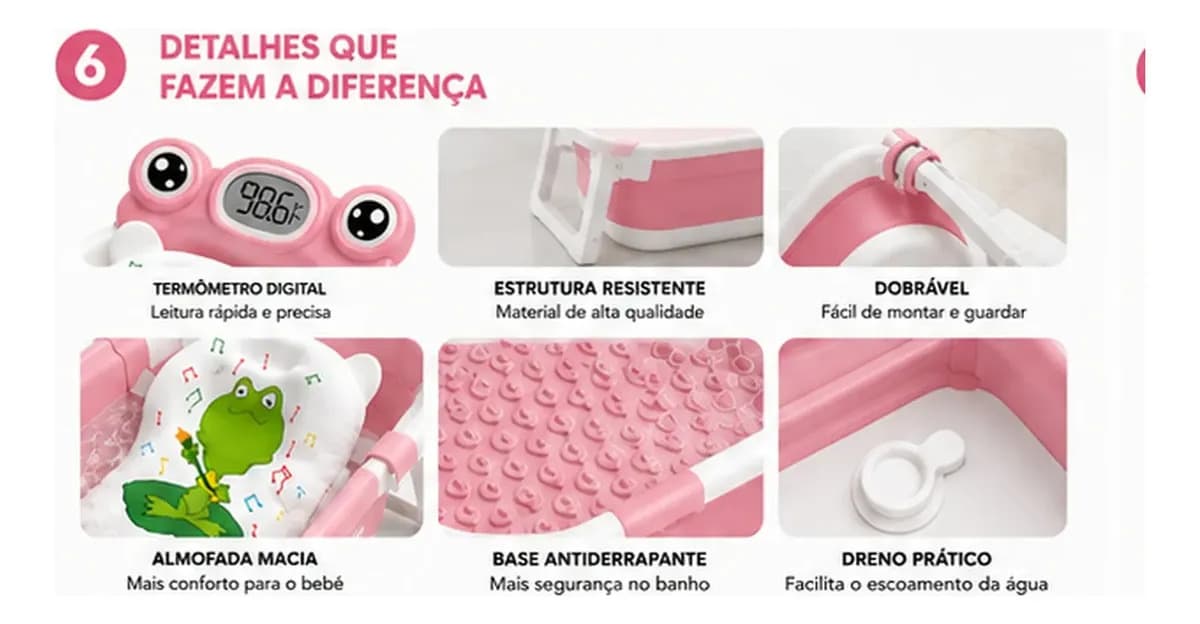 Banheira Bebê Dobrável Flexível Com Termômetro E Almofada de Banho Cor Rosa — imagem 6