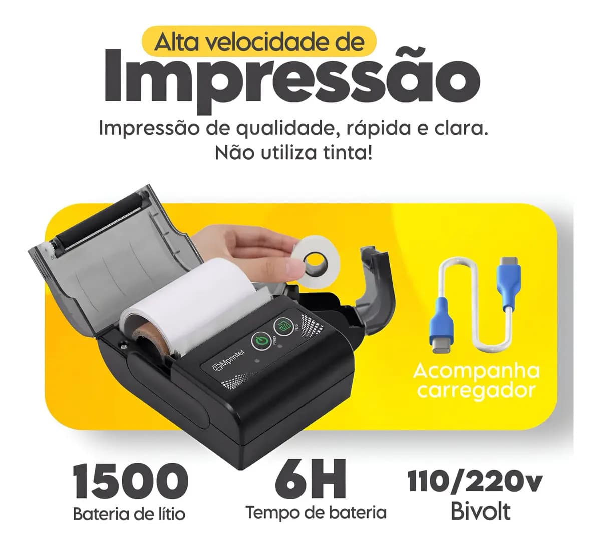 Mini Impressora Com Bobina Portátil Bluetooth Pedido Impressora Preta — imagem 4