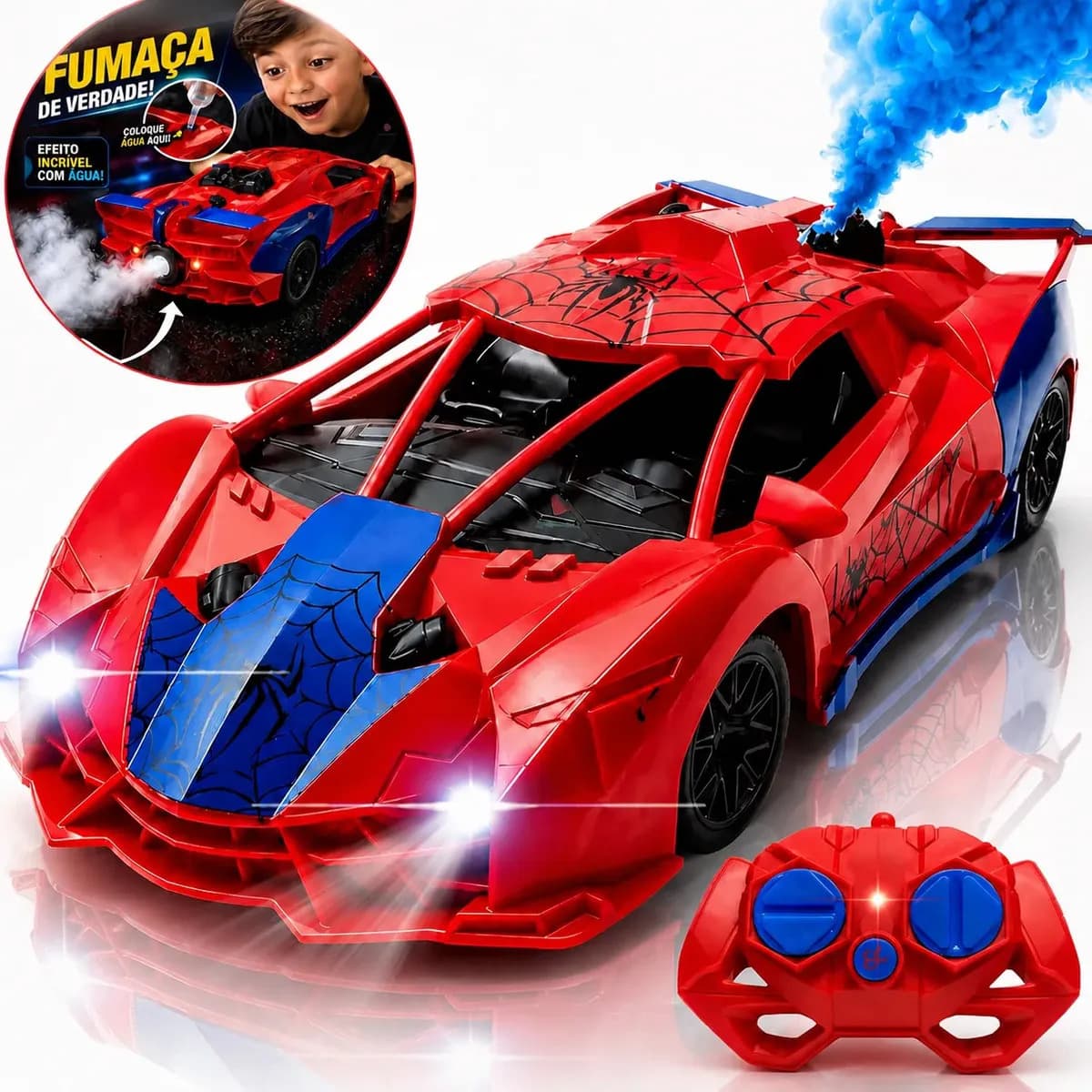 Carrinho de Controle Remoto Homem Aranha c/ Fumaça e Luz LED