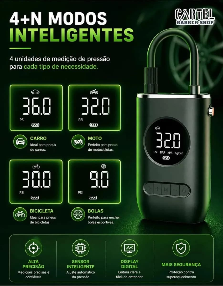 Mini Compressor Digital Portátil Cartel Barber Shop para Carro Moto e Bicicleta com Calibrador Digital Inflador Elétrico de Pneus 12V Display LCD Lanterna LED C — imagem 3