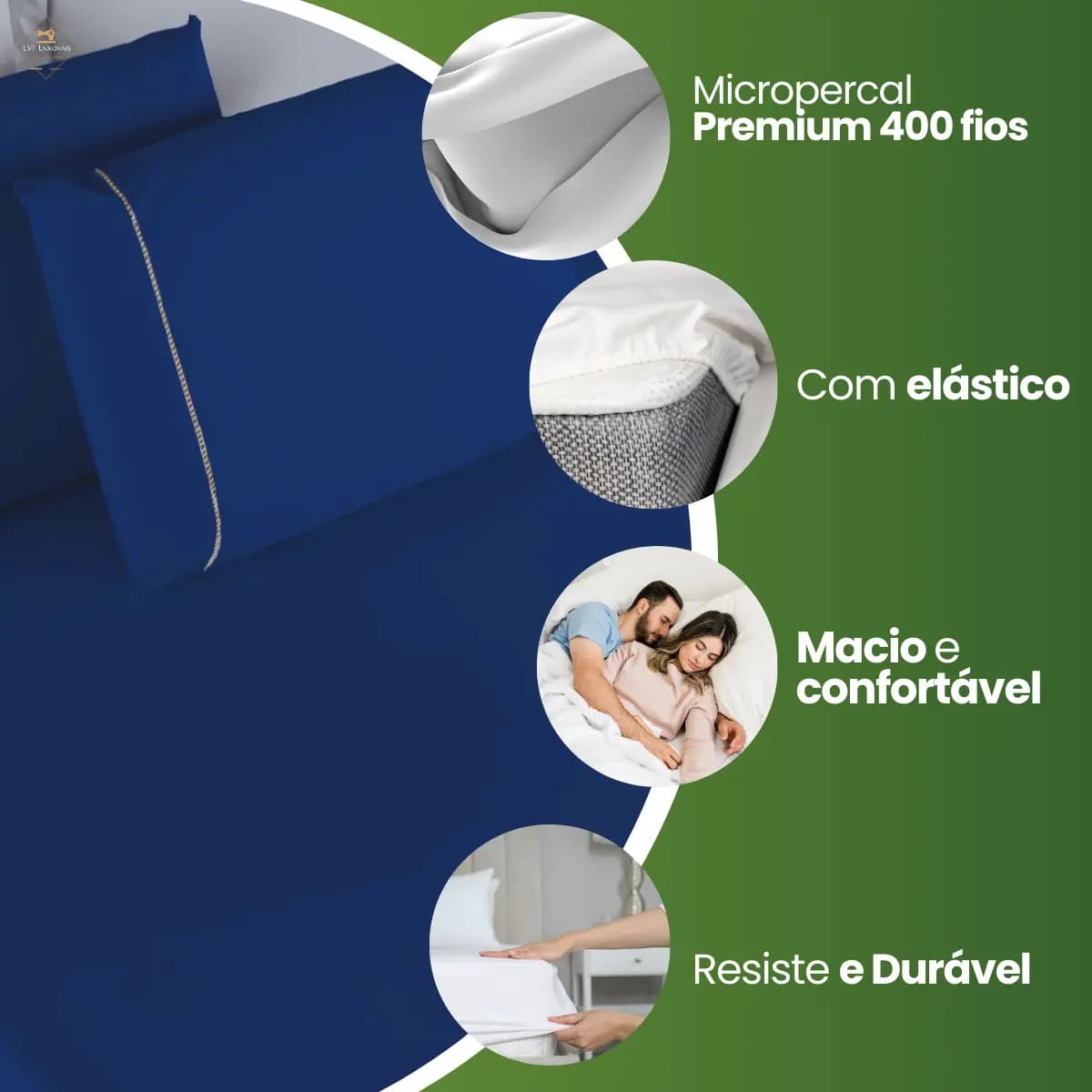 Jogo de Lençol Casal 3 Peças 400 Fios Micropercal Azul-marinho Elástico — imagem 4