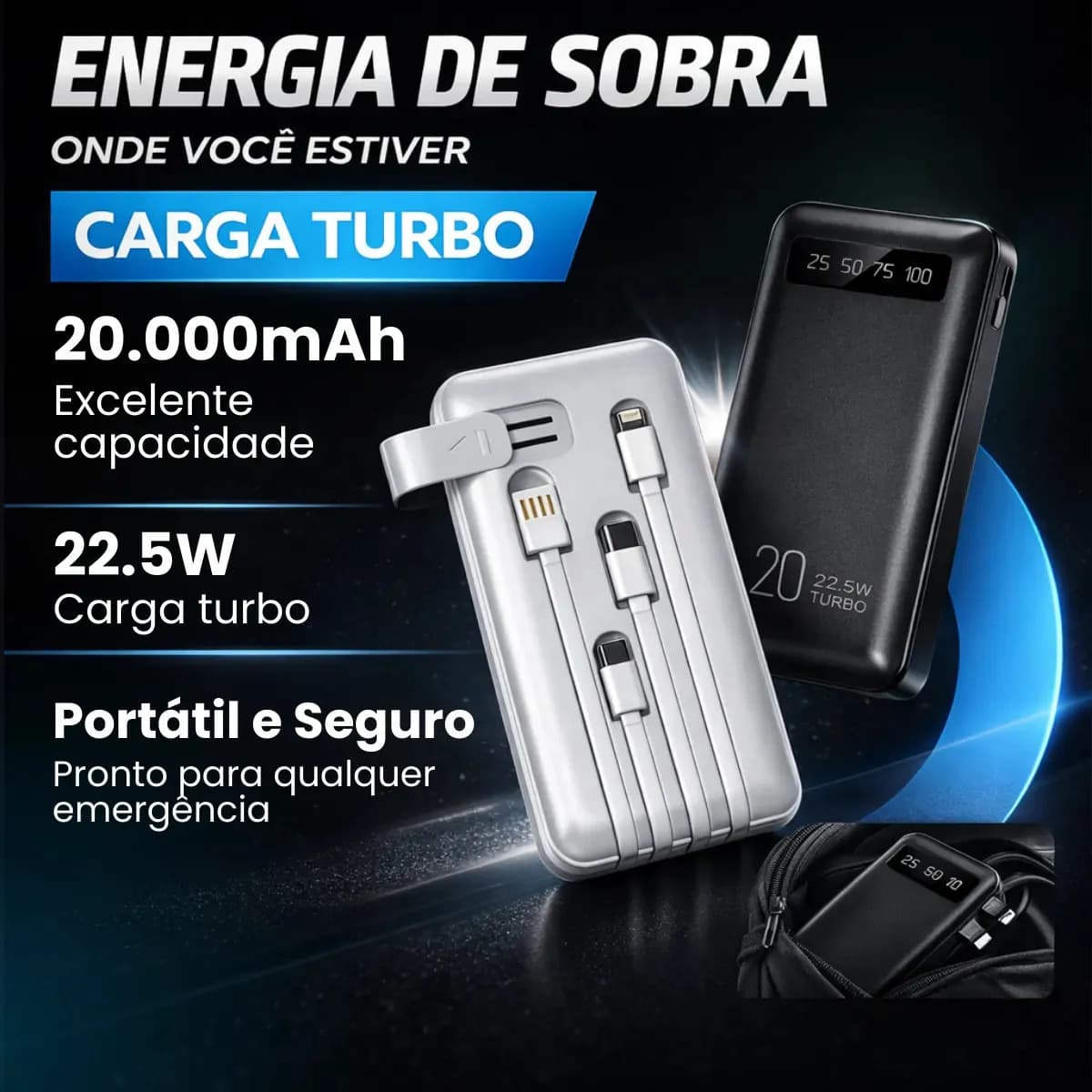 Power Bank 20000mah Carregador Portátil Turbo Rápido 22.5w Display Digital Preto — imagem 2