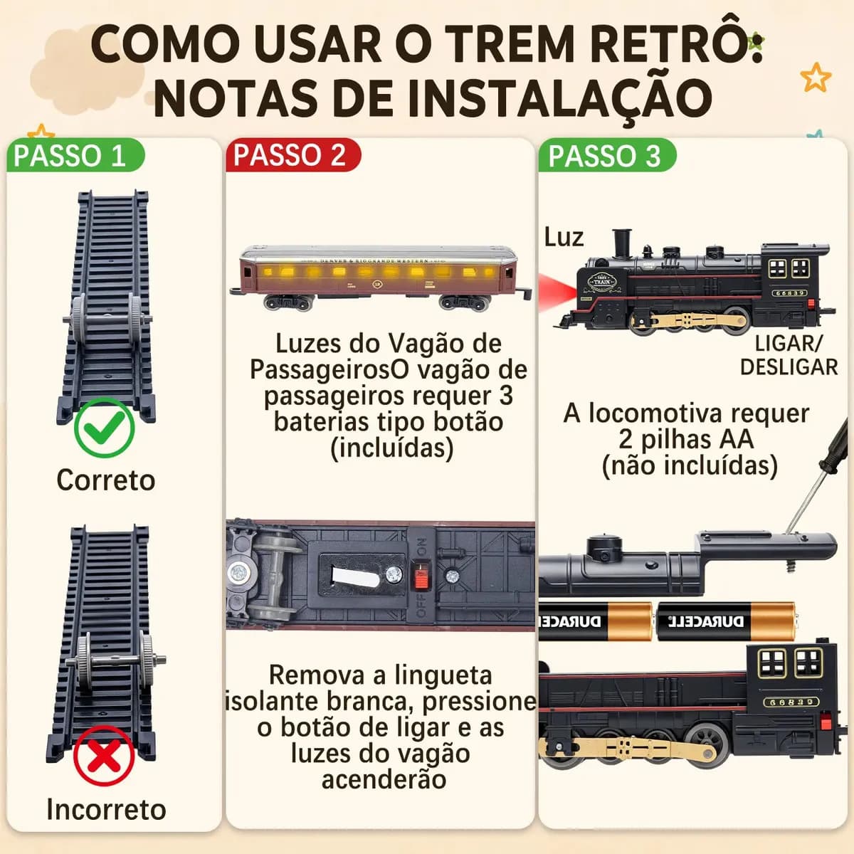 MoveBrinca Trem Elétrico Vintage Com Locomotiva A Vapor E 3 Vagões, Luzes E Sons Realistas, Trilhos Fáceis De Montáveis Formando Um Circuito De 103×67cm,Materia — imagem 5