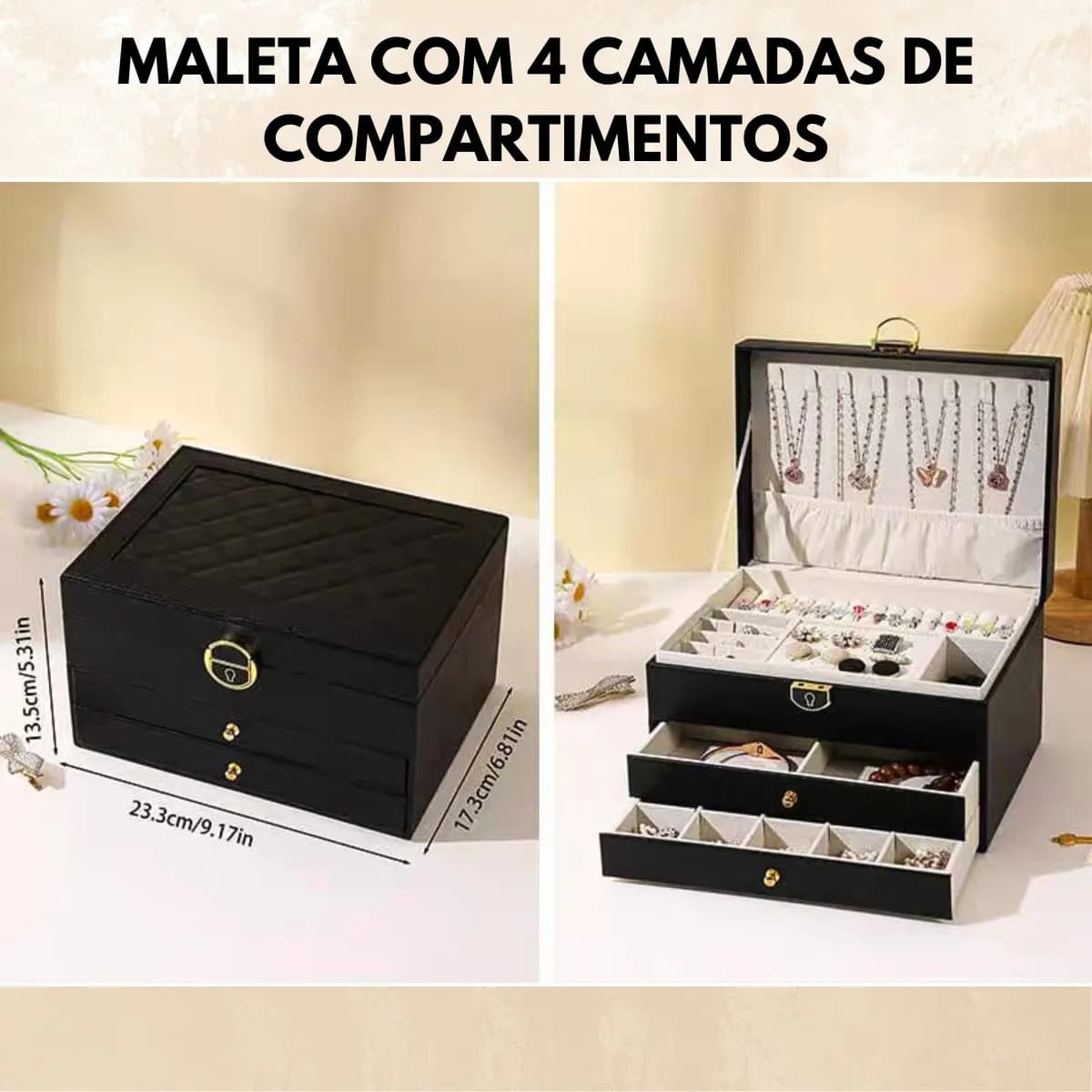 Porta Joias 3 Camadas Couro Caixa De Jóias Feminina Cor Verde — imagem 2