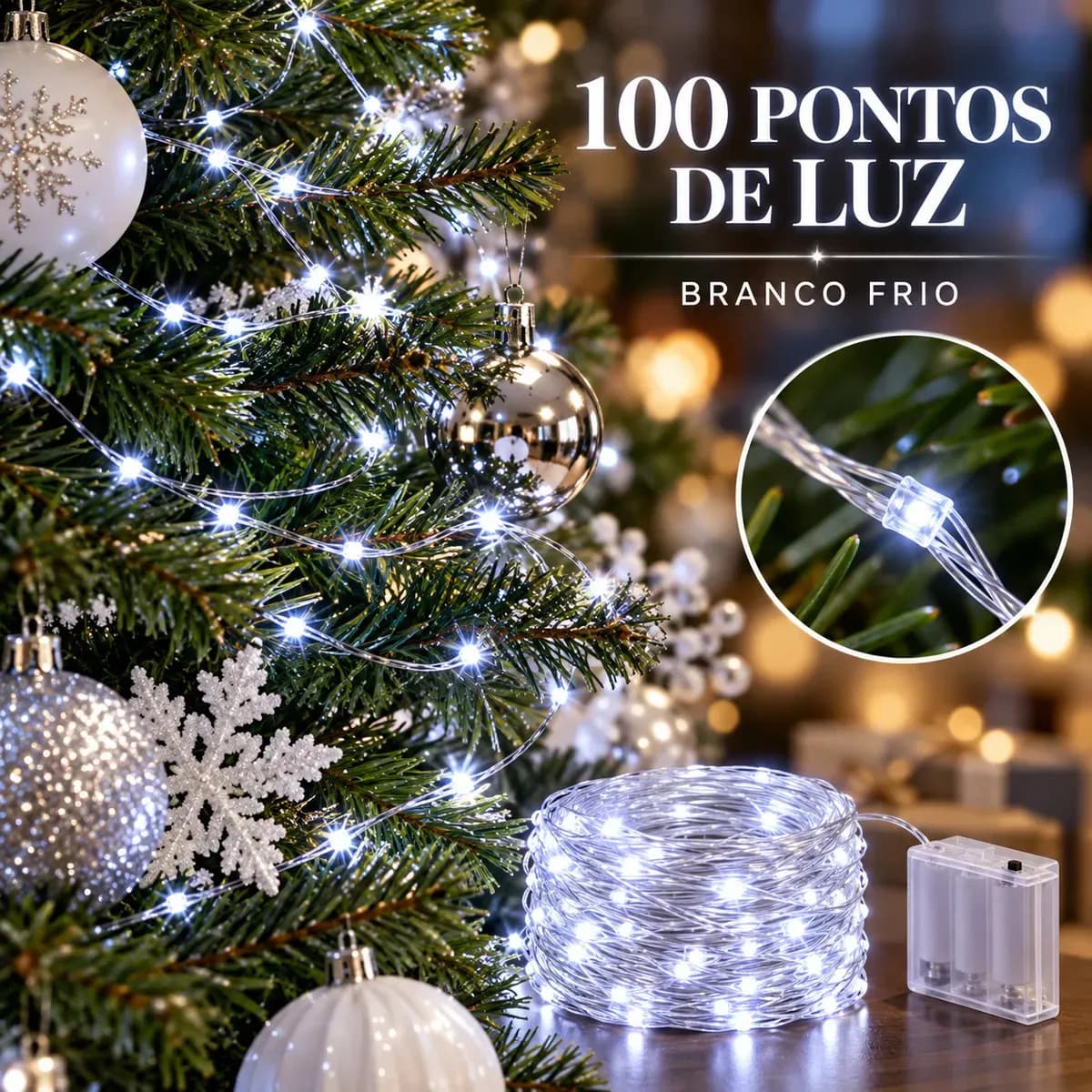 Fio De Fada 100 Leds 10 Metros Ip44 Bateria Cordão Pisca Luzes Festa Decoração Árvore Natal Branco Frio Luvinco — imagem 2