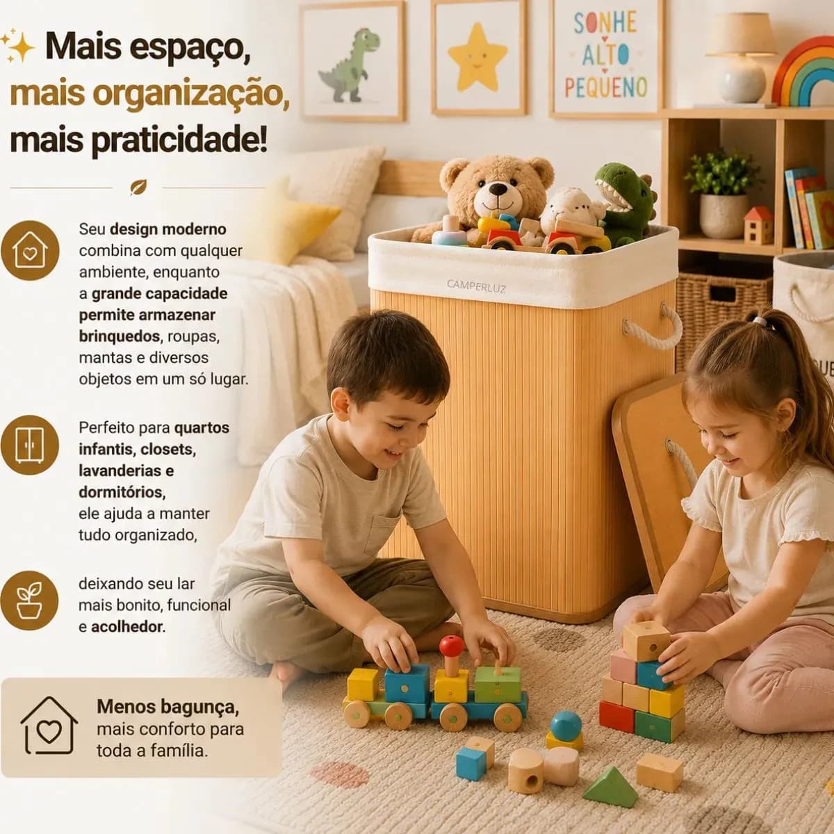 Cesto Organizador De Roupa Bambu Dobrável Retangular Com Tampa Forro e Alças 72 Litros Grande Capacidade Reforçado Caixa Organizadora para Brinquedos - Marca Ma — imagem 6